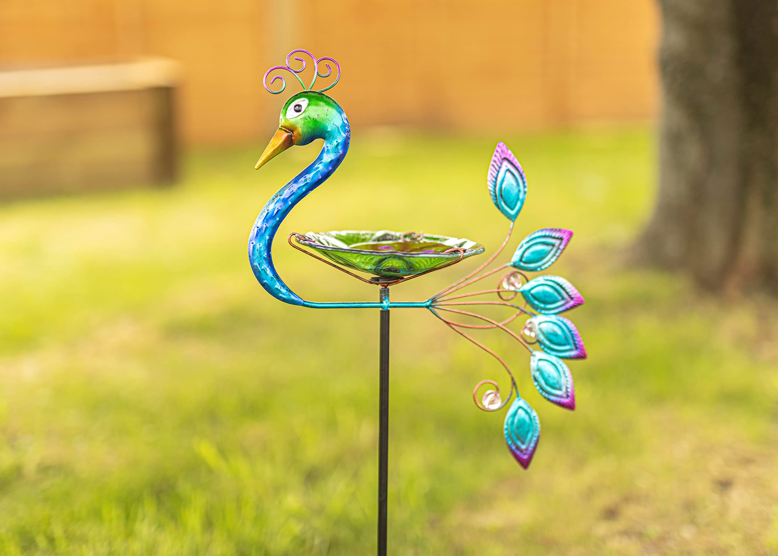 Garden Mile Multicolor Peacock Bird Bath & Feeder With Stake – 80Cm Glass & Metal Outdoor Feeding Station - Free Standing Decorative Bird Bath For Garden, Patio & Wildlife
