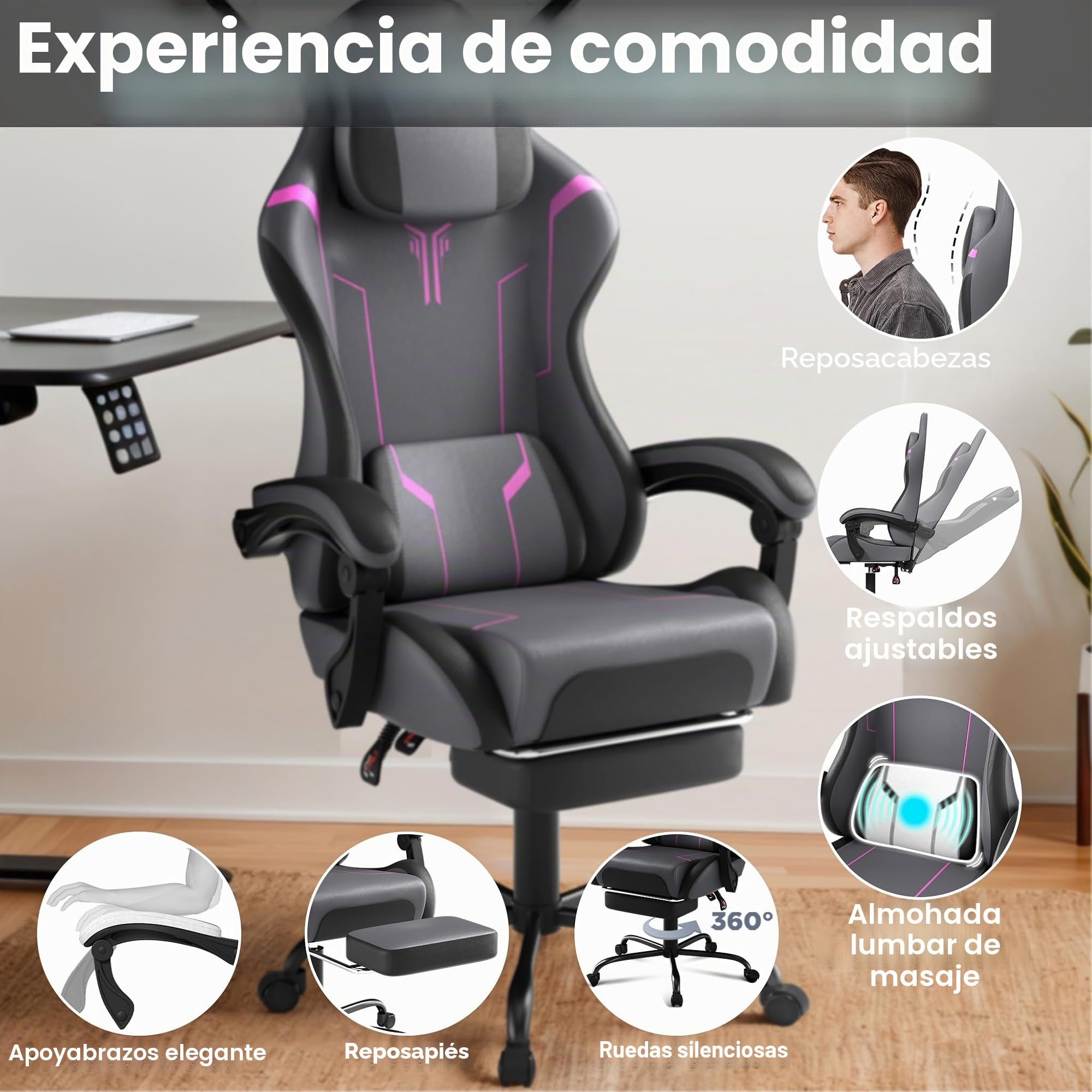 UISEBRT Silla de Gaming Ergonómica con Masaje y Reposapiés, Cómodo Asiento de Gaming Silla de Gaming con Respaldo Ajustable, Reposacabezas y Cojín Lumbar de Masaje - Gris & Negro & Violeta