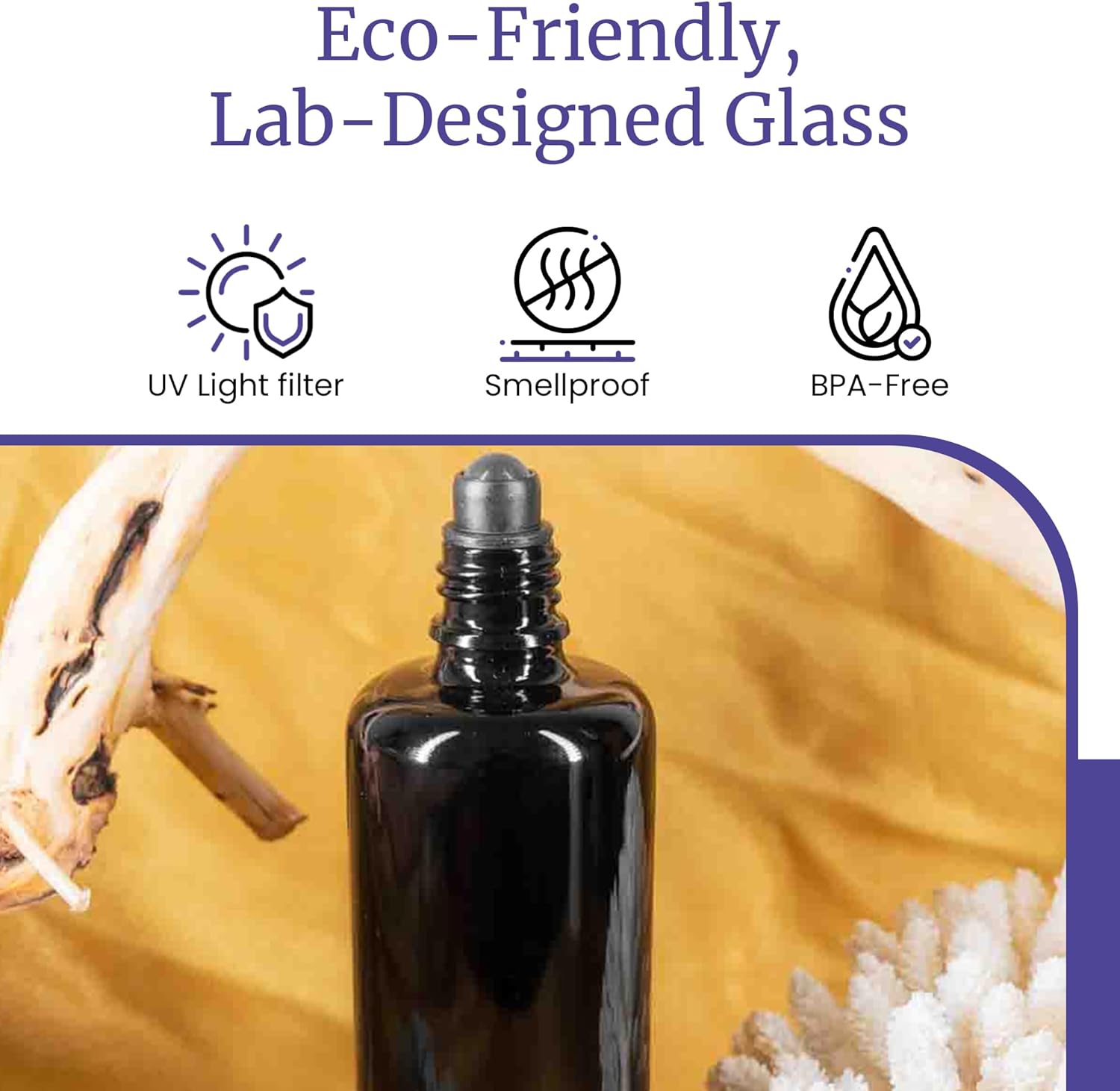 Infinity Jars Black Ultraviolet Glass Bottle 100Ml (3.4 fl oz) w/Glass Ball Roll on Tip Screw top Bottle for Essential oil, Airtight Round Bottles Cosmetic Containers Roller Bottles w/Black Cap 3-Pack