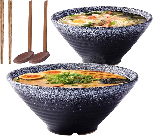 9 Inch Ceramic Japanese Ramen Noodle Soup Bowl, 2 Sets (6 Piece) 1600ml Multi Purpose Bowl with Matching Spoon and Chopsticks, for Instant Noodles, Soup, Noodle, Pho, Udon and Soba (Black)