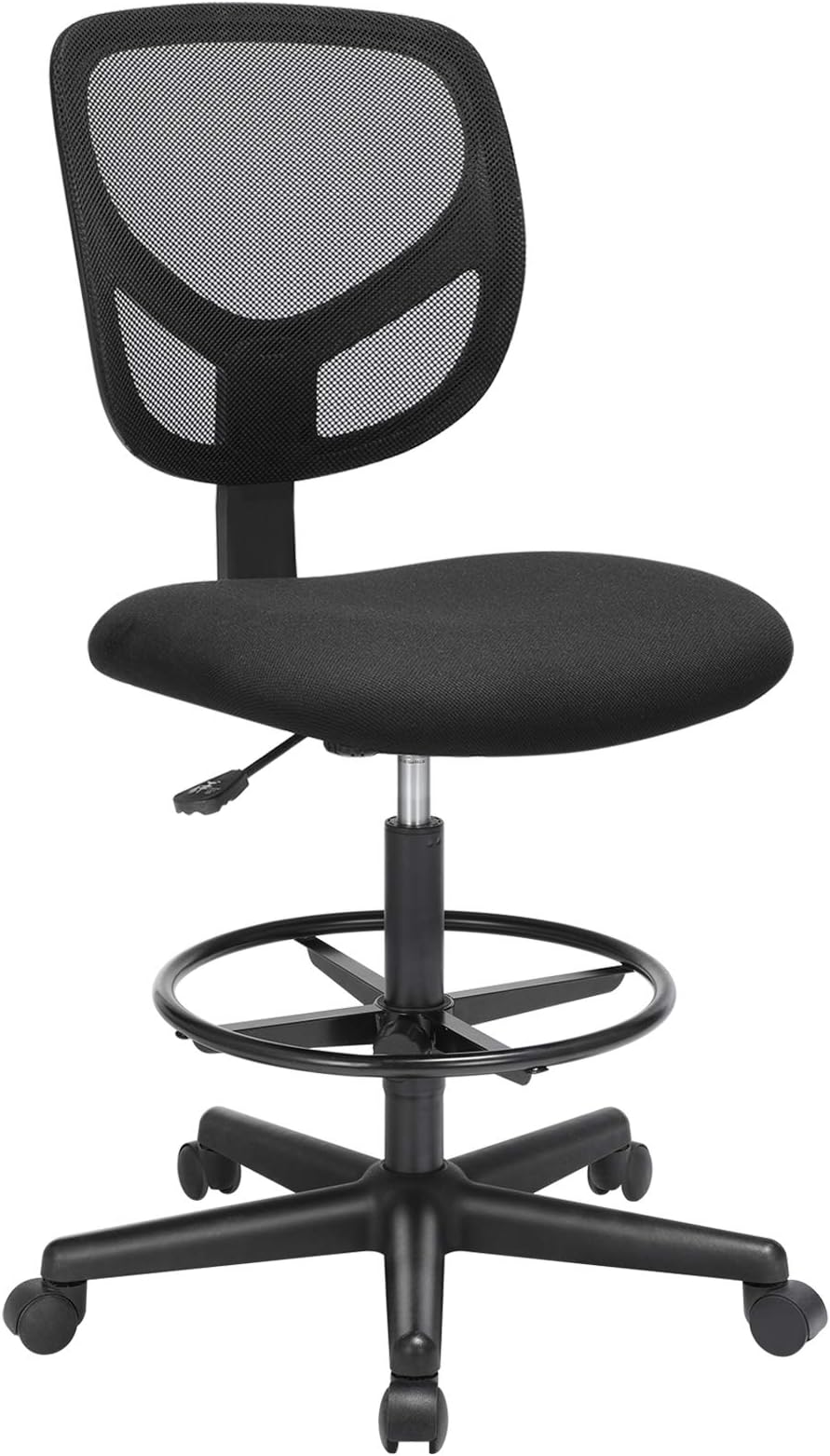 SONGMICS Drafting Stool Chair, High Office Chair, Ergonomic Painting Chair with Adjustable Height Footrest, Standing Desk Chair, Seat Height 55-75 cm, Loading Capacity of 120 kg, Black OBN15BKUK