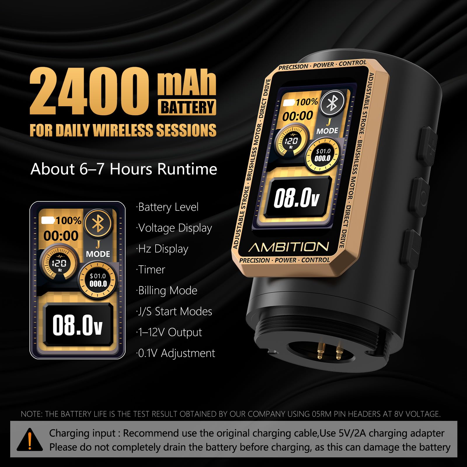 Ambition Epoch Max Drahtlose Tattoo Maschine Tätowiermaschine, werkzeugloser Direktantrieb mit verstellbarem Hub, 270 g·cm Drehmoment Brushless Motor, Dual 2400mAh Akku, Rotary Pen für Profis