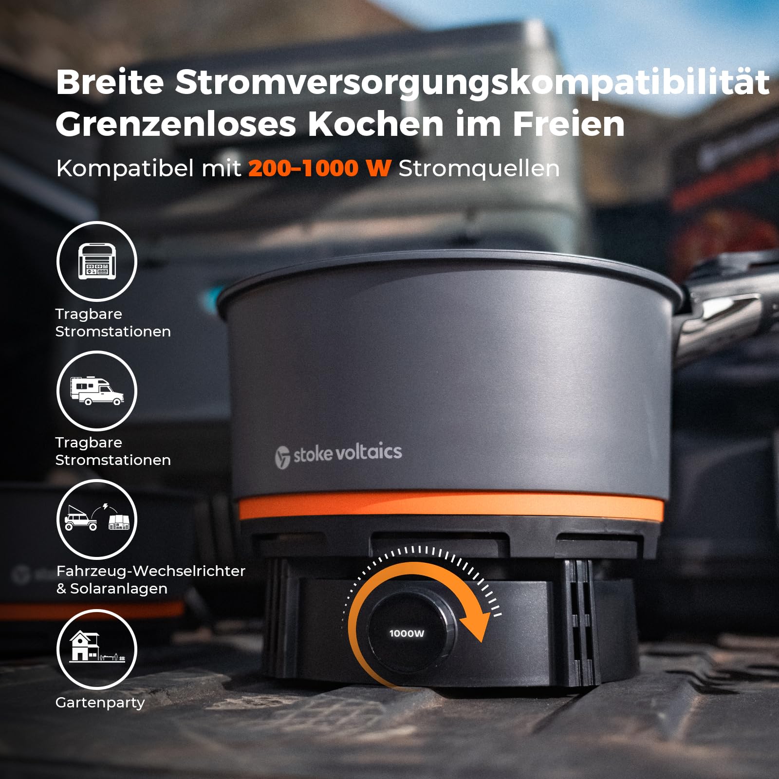 Stoke Voltaics Elektrischer Campingkocher, 200W-1000W Multikocher mit Antihaftbeschichtung & Windschutz, Überhitzungsschutz, 240V – ideal für Wohnmobil, Vanlife & Outdoor