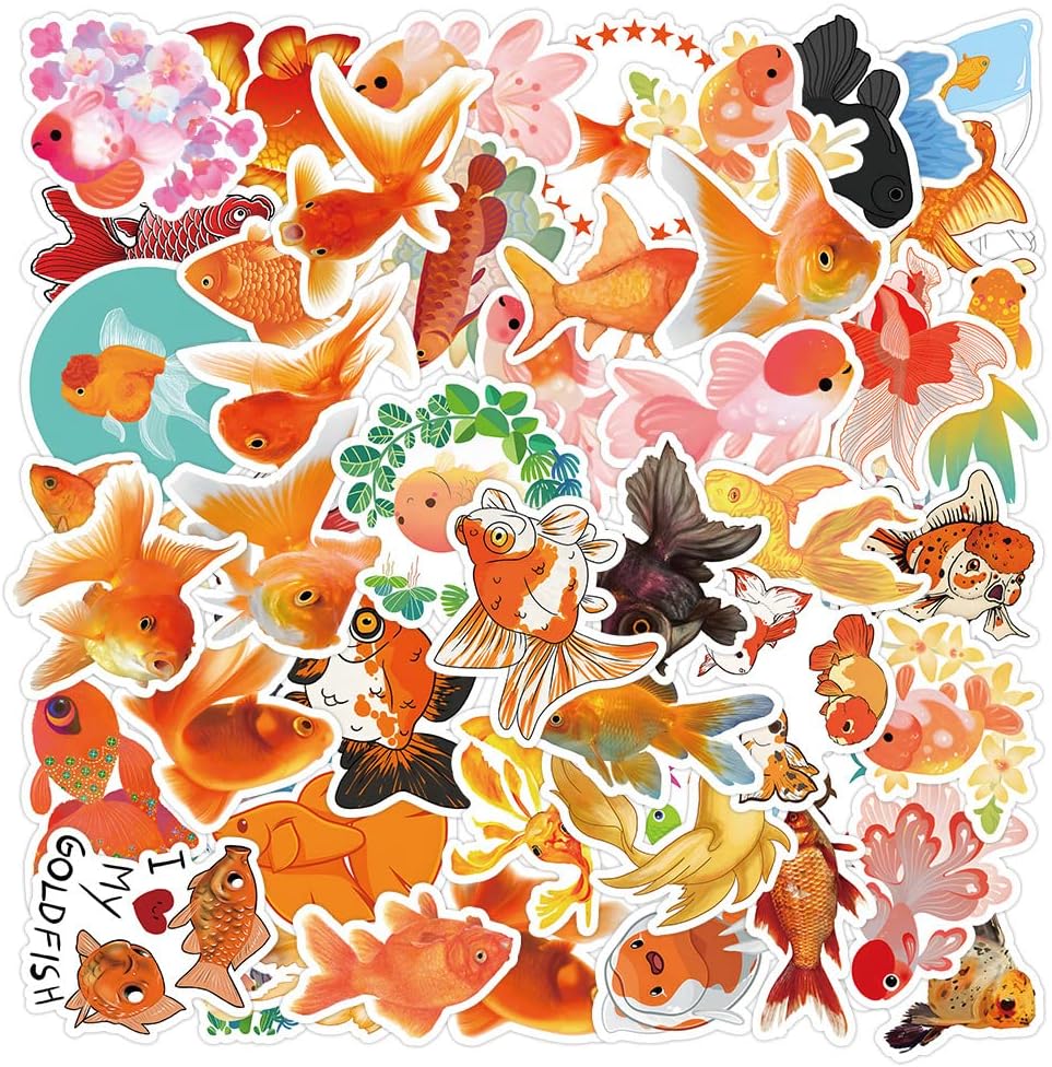 51 pcs/Pack Graffiti Stickers for Laptop, Adult Teen Kids Cute Cartoon Gold Fish Waterproof Phone Water Bottle Stickers Decals for Birthday Party