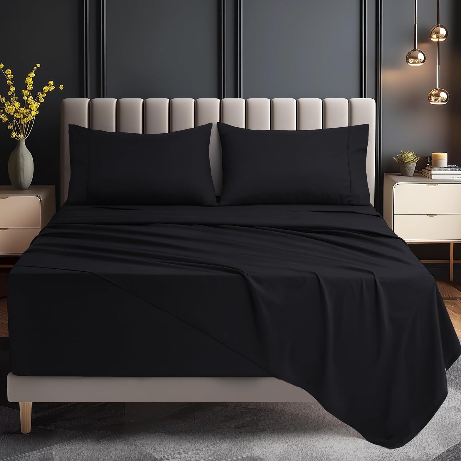 Utopia Bedding Queen Size Extra Deep Pocket Sheet Set – Fits Mattresses Up to 21 inches – Cooling, Soft & Breathable – Oeko-Tex 4 Piece Bed Sheets (Black)