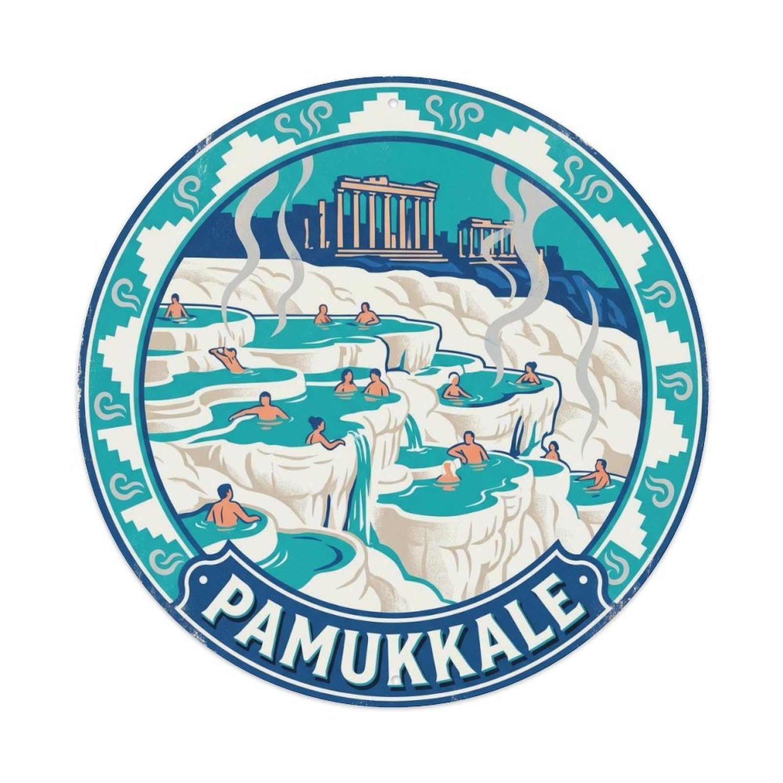 Pamukkale Bathers Teal Anatolian Travel Classic Graphic Metal Tin Sign