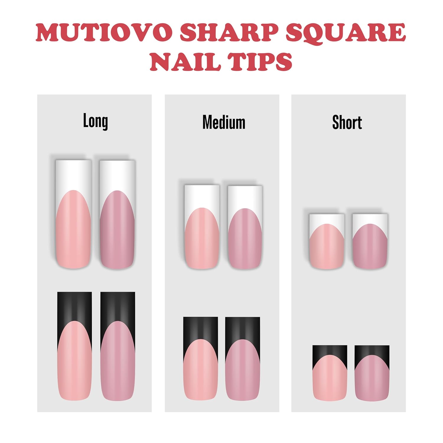 Black French Tip Medium Straight Square Nail Tips Press on, BERRY PINK Extra Thick Soft Gel Nail Extension, Full Cover False Nails, NEED Builder Glue Gel & Top Coat, for DIY x 15 Sizes 180 pcs