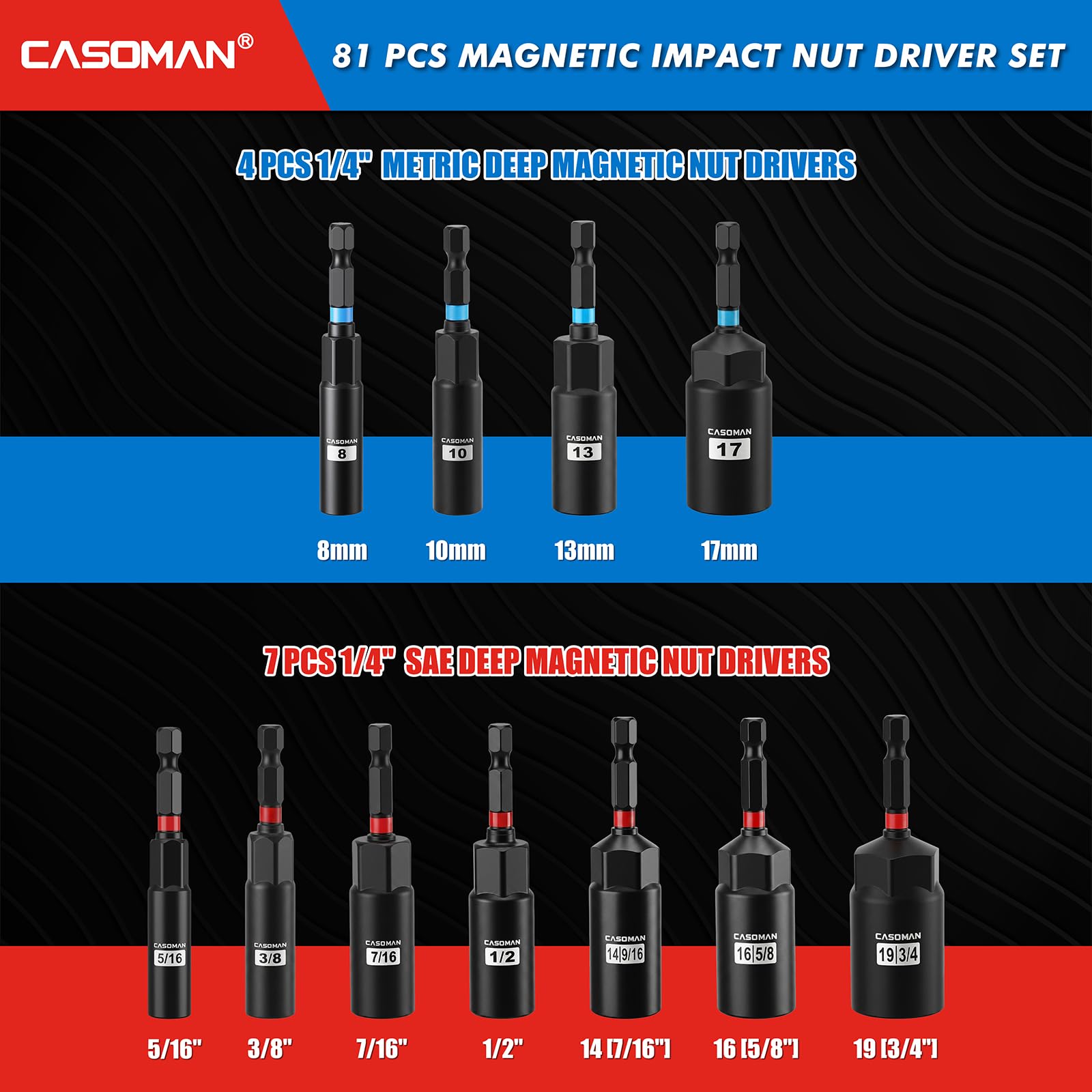 CASOMAN Set di 81 cacciaviti magnetici per trapano a percussione, sistema metrico e SAE, include punte per cacciavite, supporto di estensione per punte a sgancio rapido, adattatori per bussole