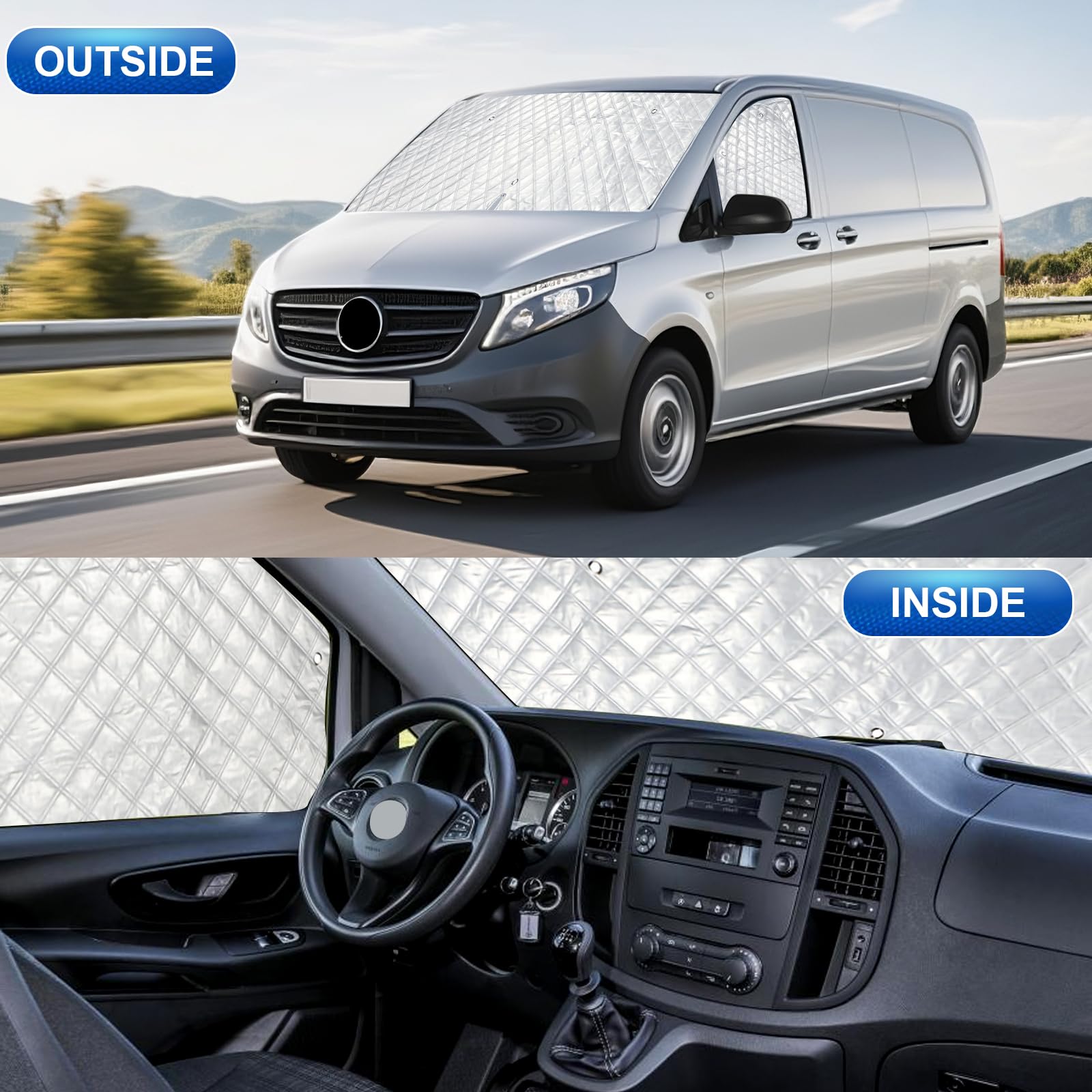 Osłona przeciwsłoneczna na szybę przednią dla Mercedes-Benz VITO III W447 2014-2022, tkanina Oxford 600D 100% blokująca światło, wodoodporna, odporna na UV/mróz (do wnętrza, Vito W447 2014-2022)