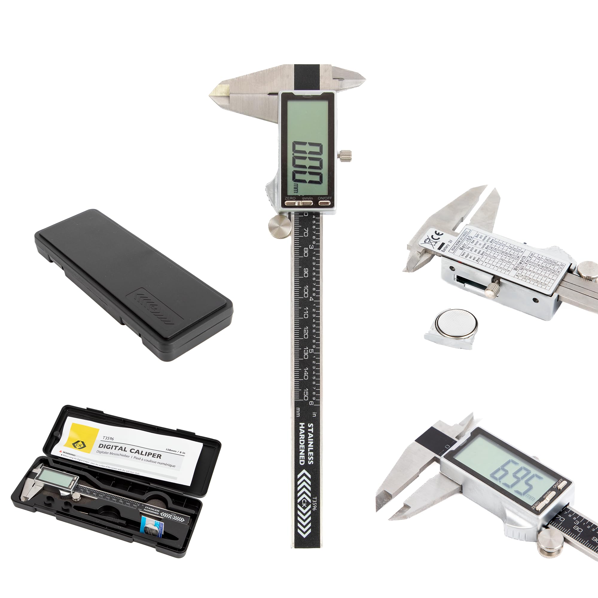 C.K Tools Digitaler Messschieber, 150 mm 6 Zoll Edelstahl Schieblehre, Großes Display, Metrische und Imperiale Anzeige, 0,01 mm Auflösung, Tiefenstange, Innen Außen Stufenmessung, ABS Etui, CK T3596