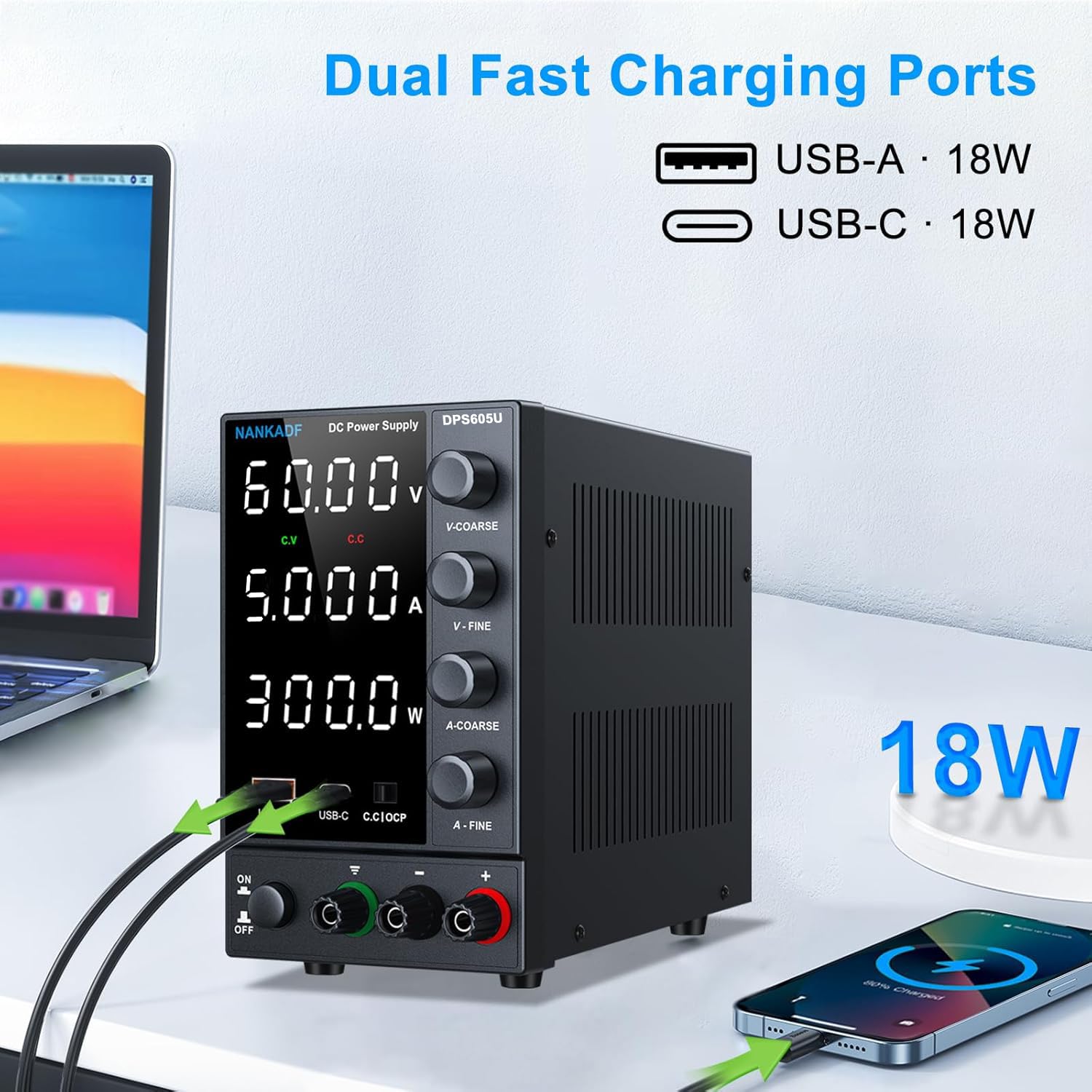Alimentation de Laboratoire réglable 60 V 5 A, Alimentation CC réglable avec Ports USB-A/Type-C à Charge Rapide, équipée d'un écran à 4 LED Haute précision et d'un Bouton Rotatif avec encodeur