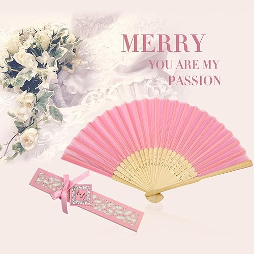 Miniatura 8 de DORIS HOME 50pcs rosa seda bambú mano plegado ventilador de boda favor ventilador con láser corte caja de regalo para regalo nupcial regalos regalos