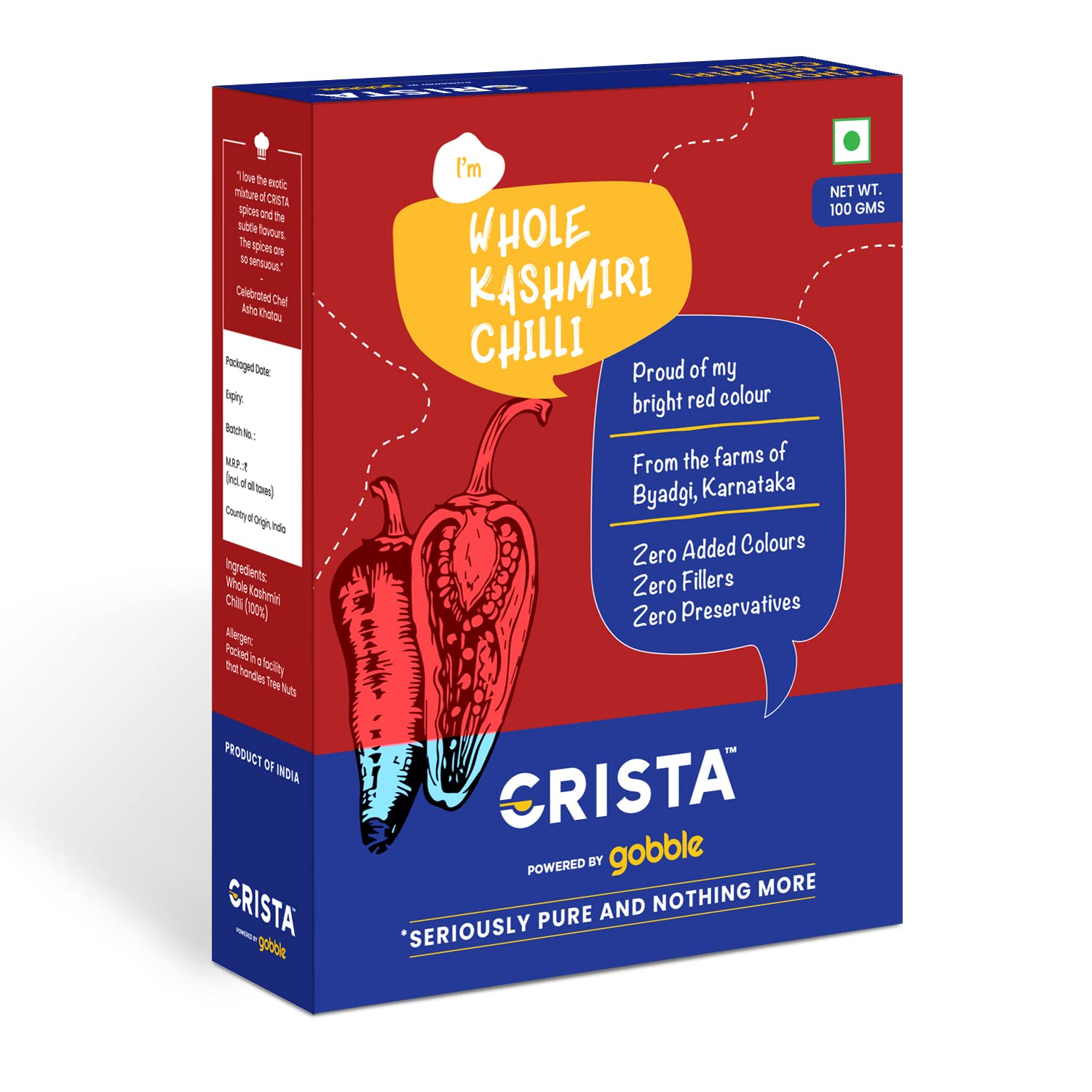CRISTA SERIOUSLY PURE AND NOTHING MORE Kashmiri Whole Chilli|Laal Mirch With Natural Oils|Premium,Natural&Sun-Dried|Zero Added Colours,Fillers,Additives&Preservatives|Mild Spicy Grade|100 Gms