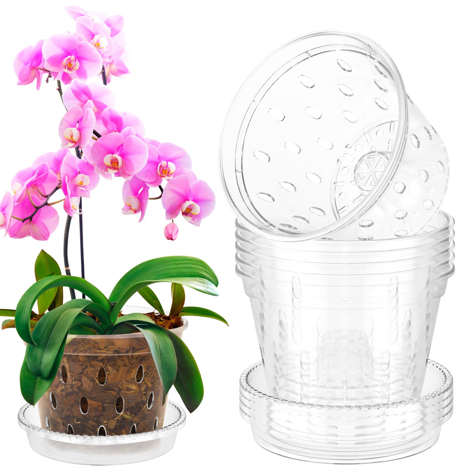 Nihuifdpy Transparent 5Pcs Orchid Pot For Repotting 5 Inch Slotted Orchid Planter Pots With Holes And Saucers Plastic Clear Nursery Pots For Orchids Repotting Kit(5 Inches)