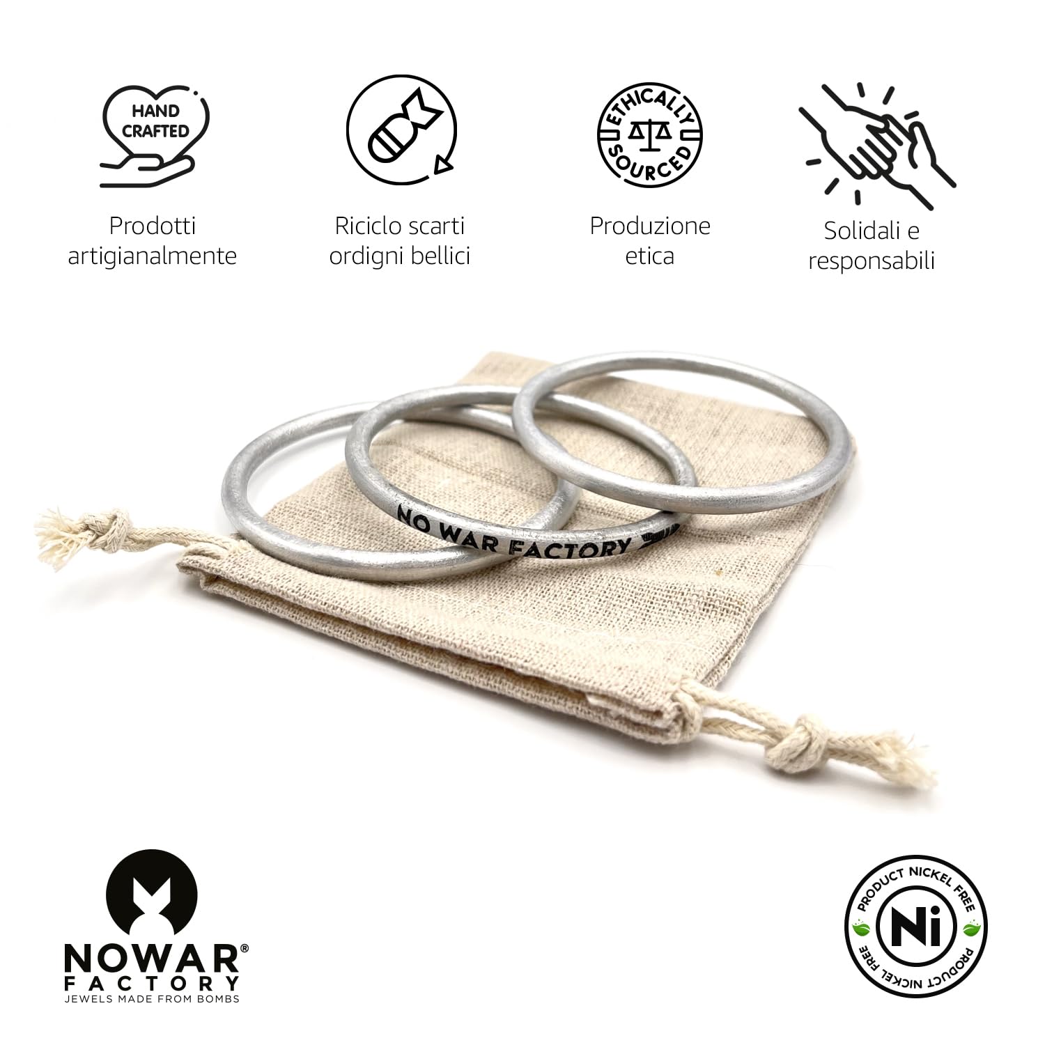NOWAR FACTORY Set 3 Braccialetti Rigidi in Alluminio Riciclato, 2 Circolari con Incisione Artigianale, Cofanetto Regalo Etico, Fatto a Mano in Laos, Nichel Free