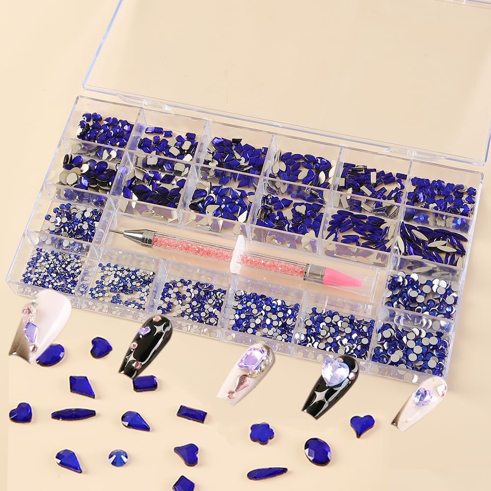 4500 Flat Rhinestones Mixed Multi-Style Flat Rhinestones + 12 Assorted 600 Dark Blue Multi-Shape Diamond Crystals 3D Decorative Flat Stones Gemstone Set for Nail Art DIY Crafts (Blue)