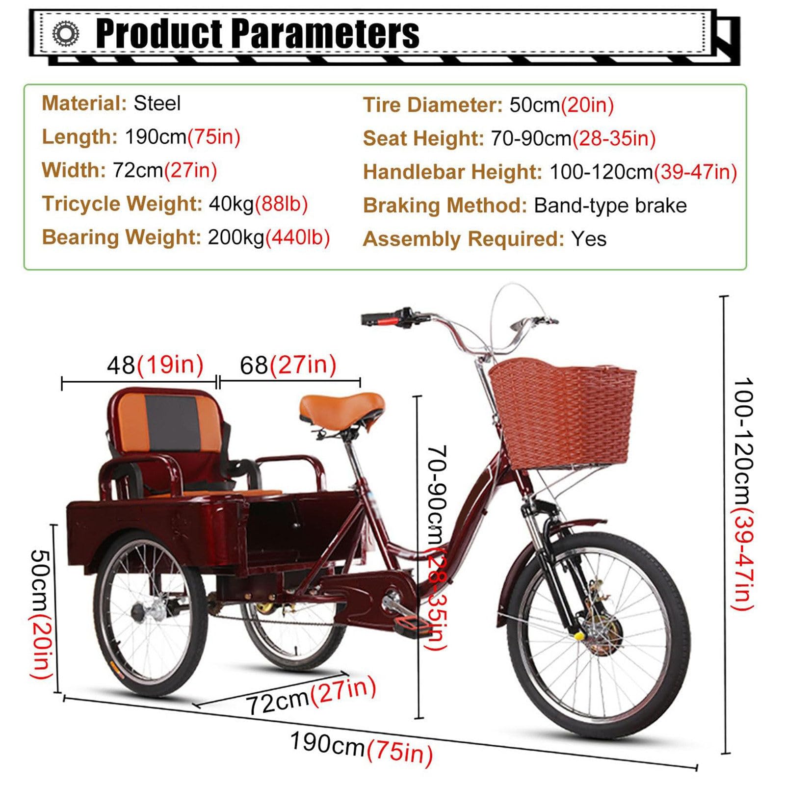 Triciclo elettrico per anziani e adulti, 3 ruote, telaio ribassato, 50 cm, per uomo e donna, con cestino anteriore e portapacchi.