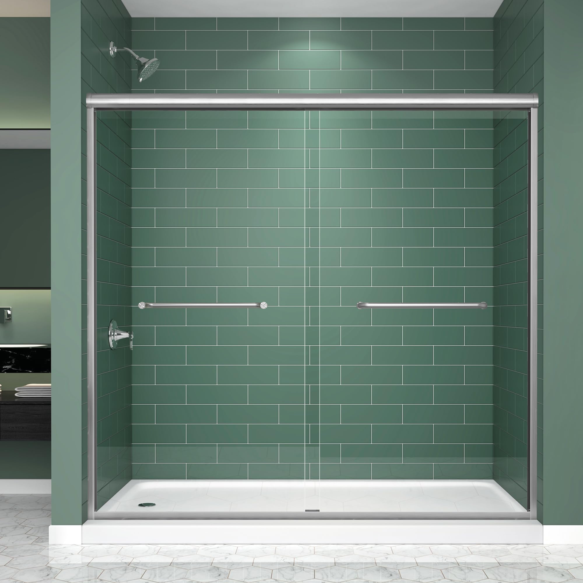 Double Sliding Shower Door 67-67-72" W x 70" H, Brushed Nickel, Bypass Shower Door, Clear Glass, Framed, 1/4" (6mm) Tempered Glass