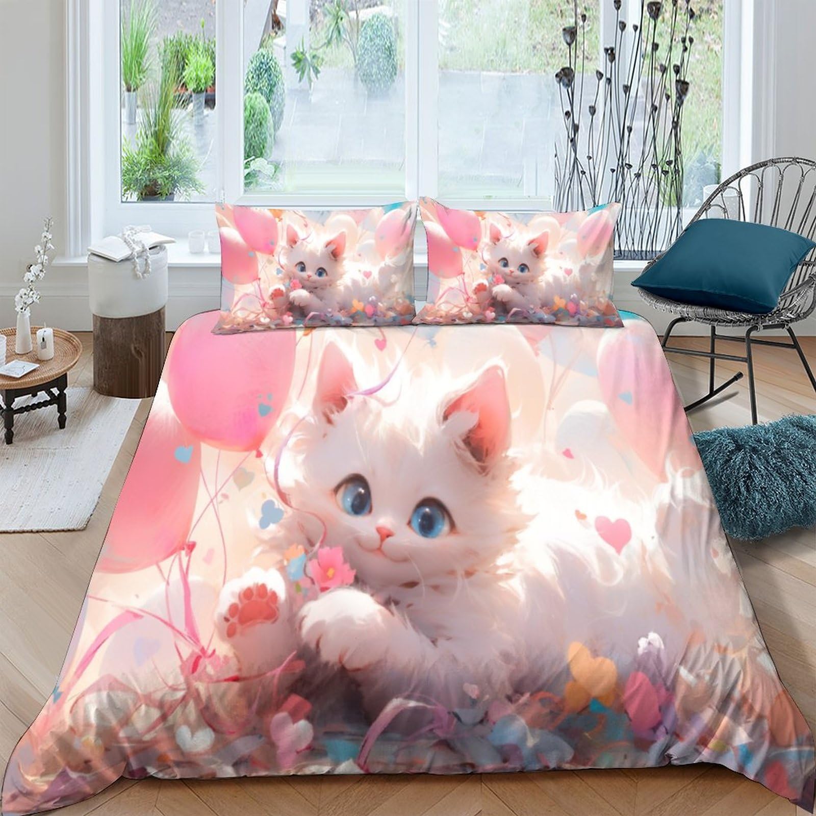 Housse de couette motif chatons parure de lit 3 pièces microfibre respirante King 220x240