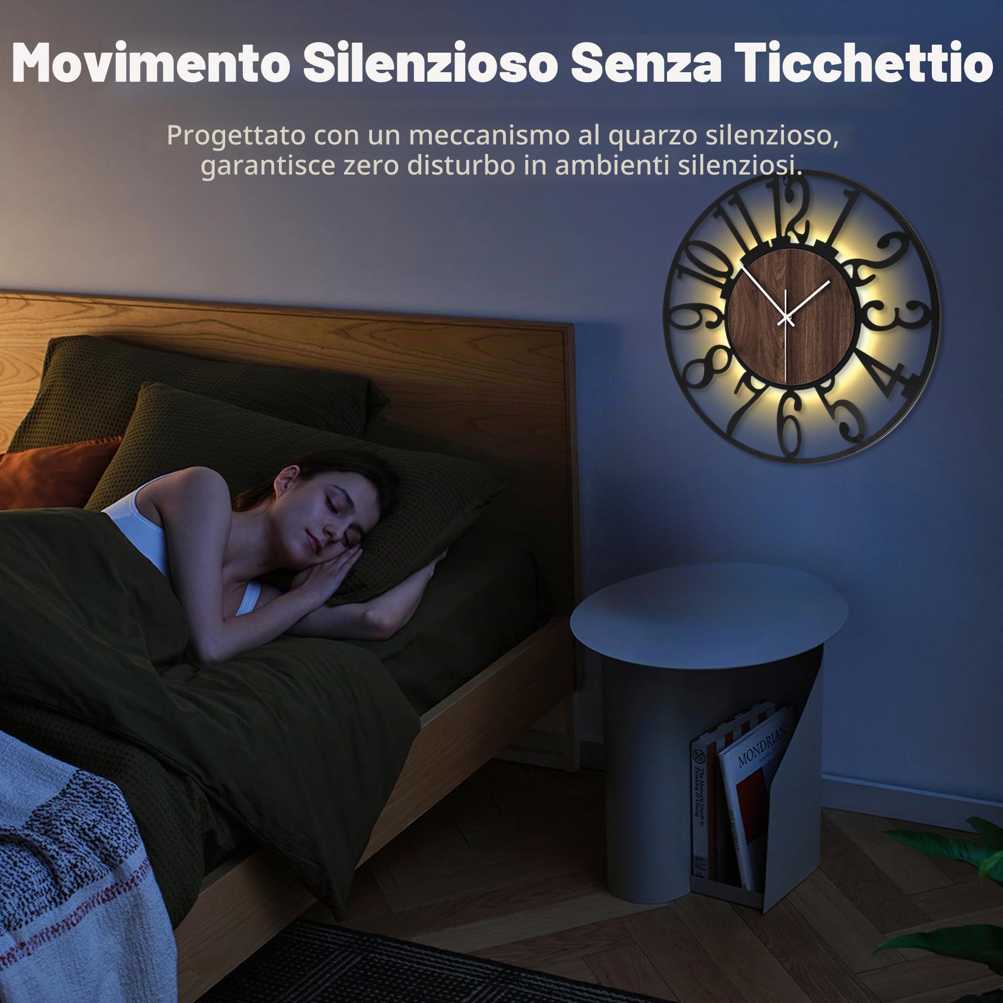 Orologio da Parete Grande con Luce Notturna a Batteria – 60 cm Silenzioso, Moderno, Effetto Legno, LED Luminoso al Buio, Ideale per Soggiorno, Camera da Letto, Cucina