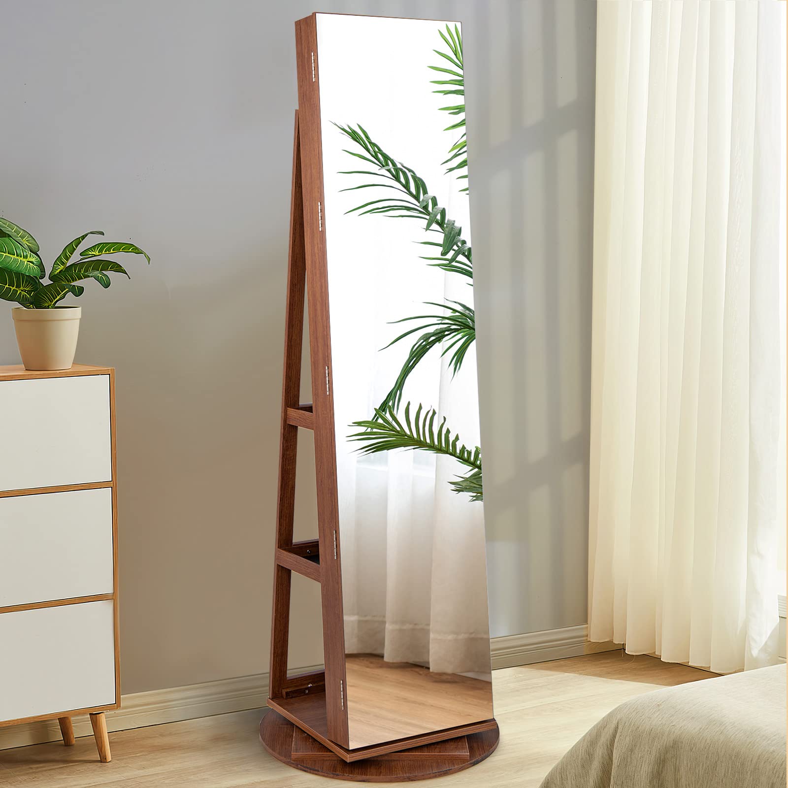 HOMASIS 3 in 1 Schmuckschrank mit Ganzkörperspiegel, 360 ° drehbarer Spiegel mit Schloss, Schmuckaufbewahrung mit LED-Lichtern, Make-up-Organizer mit Ablagen auf der Rückseite (Braun)