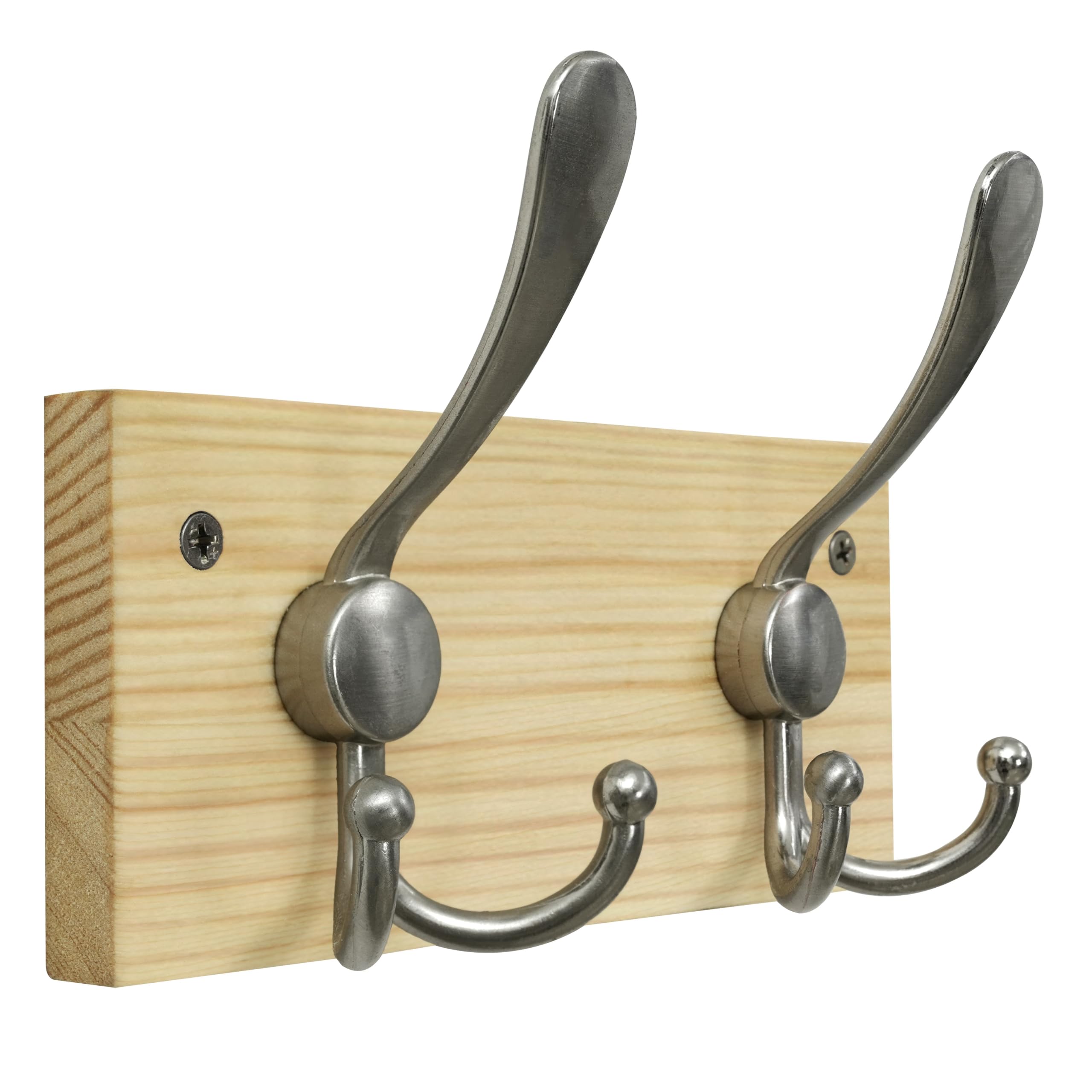 HONSKY Wall Mounted Coat Rack, Pine Wood Spliced Panel, 2 Nickel Triple Hooks(6 Hanging Points), Sturdy Wall Coat Hanger, Wooden Coat Hooks for Entryway Hallway Bedroom,Easy Install