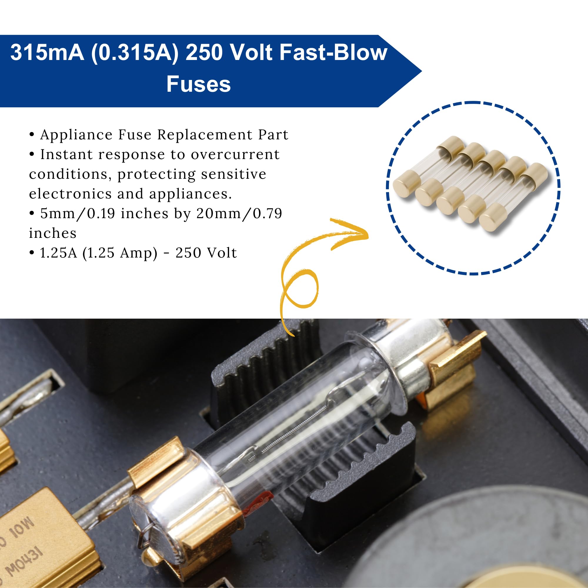 Techman – Pack de 5 – 1,25 A Fusible de vidrio (GDC), 250 V, 5 mm x 20 mm (3/16 "x 3/4") Slow Blow (Time Delay)