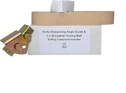 Knife Sharpening Angle Guide and 1" x 30" Leather Honing Belt with Compound