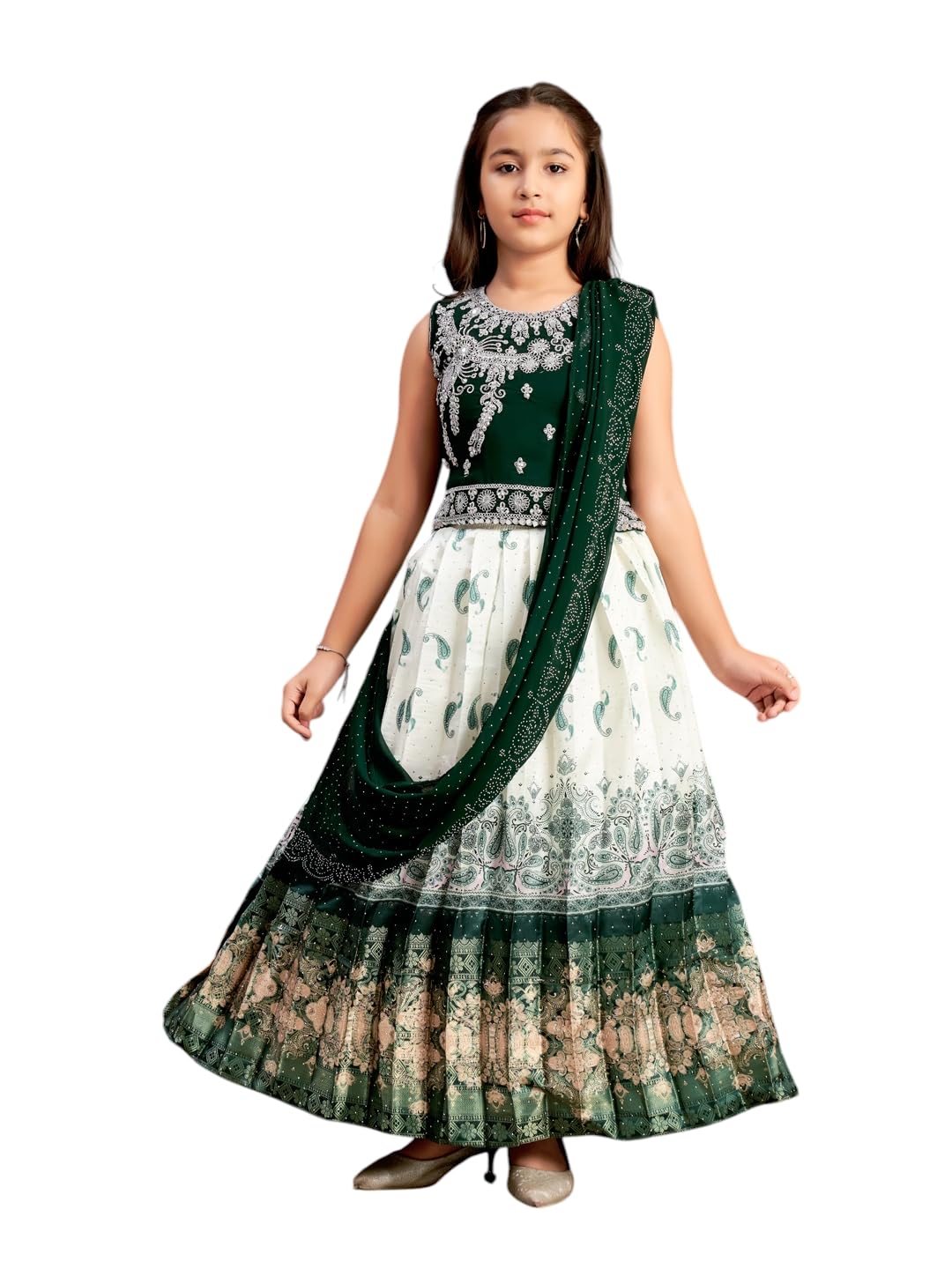Aarika Girls Ethnic Wear Dark Green-Cream Colour Mirror Embroidery Georgette Lehenga Choli Set With Attached Dupatta-4-15 Years (Lch-9435)