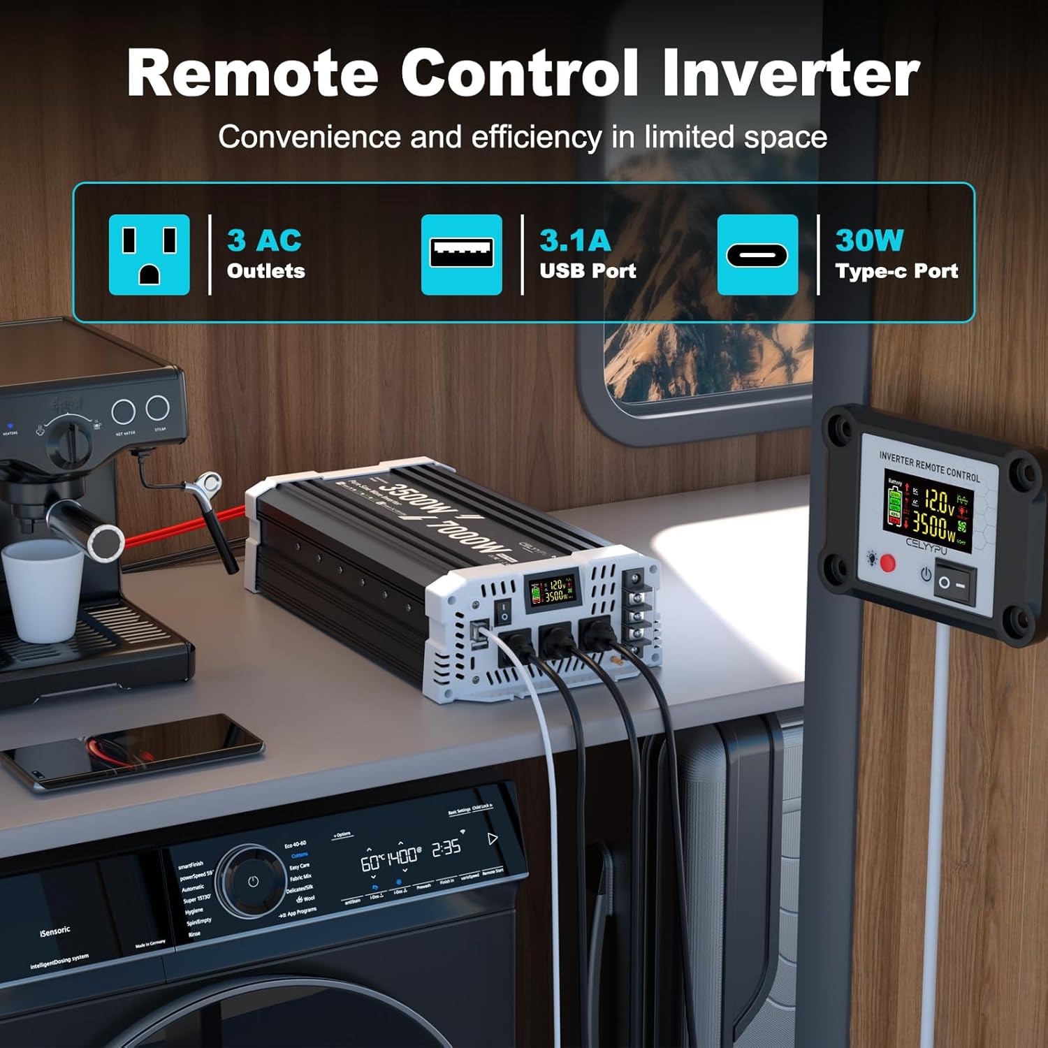Inverter and remote control in an RV setting, showing AC outlets, USB, and Type-C ports in use