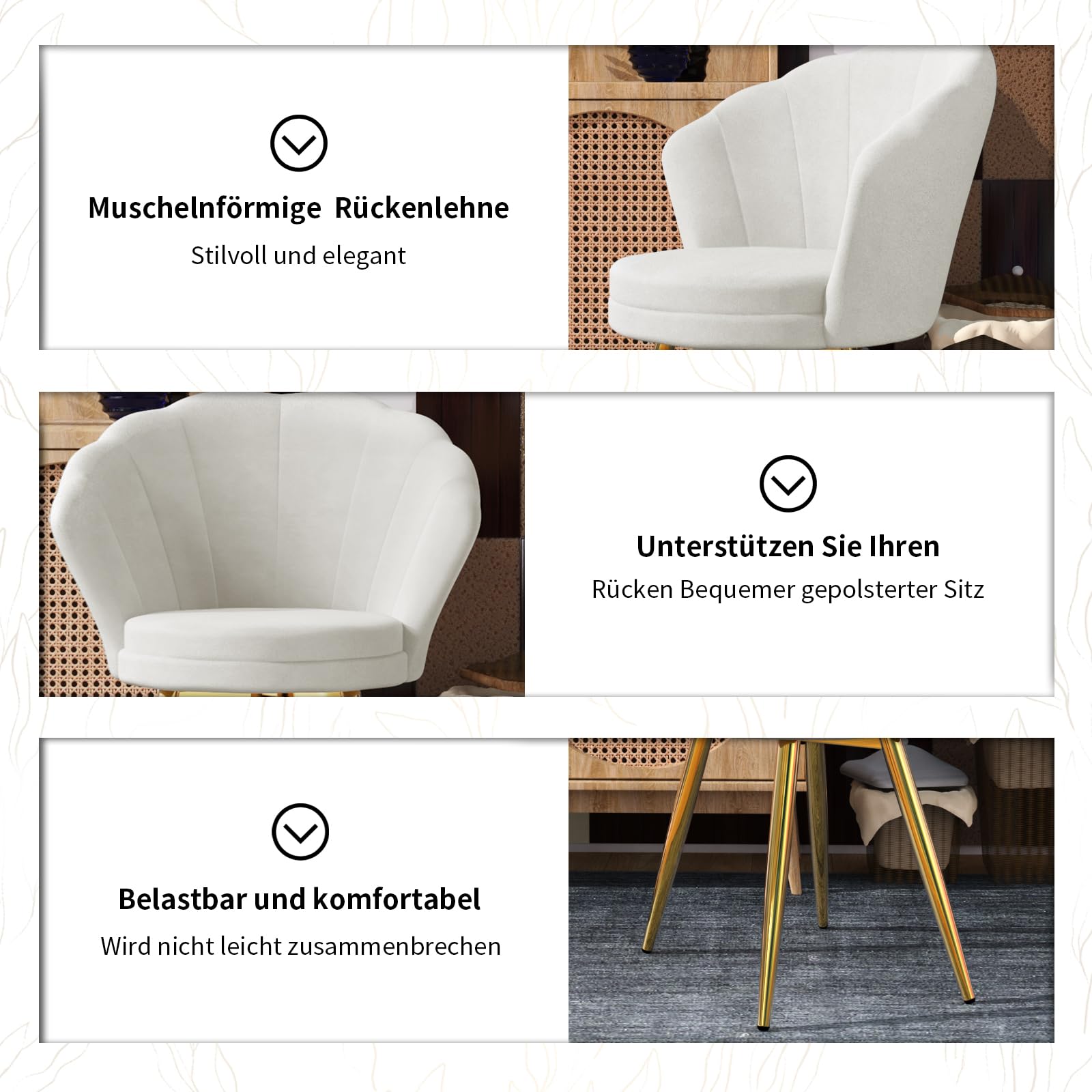 Chaise Coiffeuse, Fauteuil Coquillage en Velours, Fauteuils Salon Fauteuil Coiffeuse Confortable, Chaises Salle à Manger Chaise Rembourrée avec Pied Métal pour Chambre /Salon,42x40x80cm,1PC,Blanc