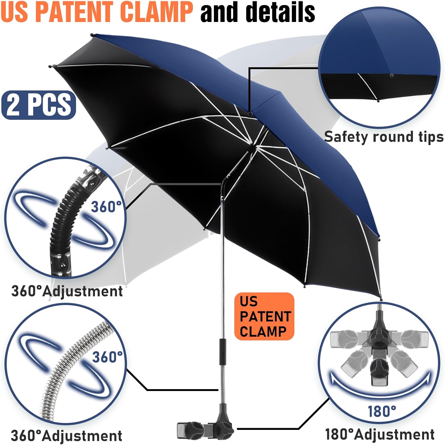 2 PACK Beach Umbrella with Clamp, 360 ° Adjustable Umbrellas for Chair, UPF50+ Umbrella for Beach Chair, Patio Chair, Wheelchair, Camping Chair, Golf Carts (Chair Not Included)