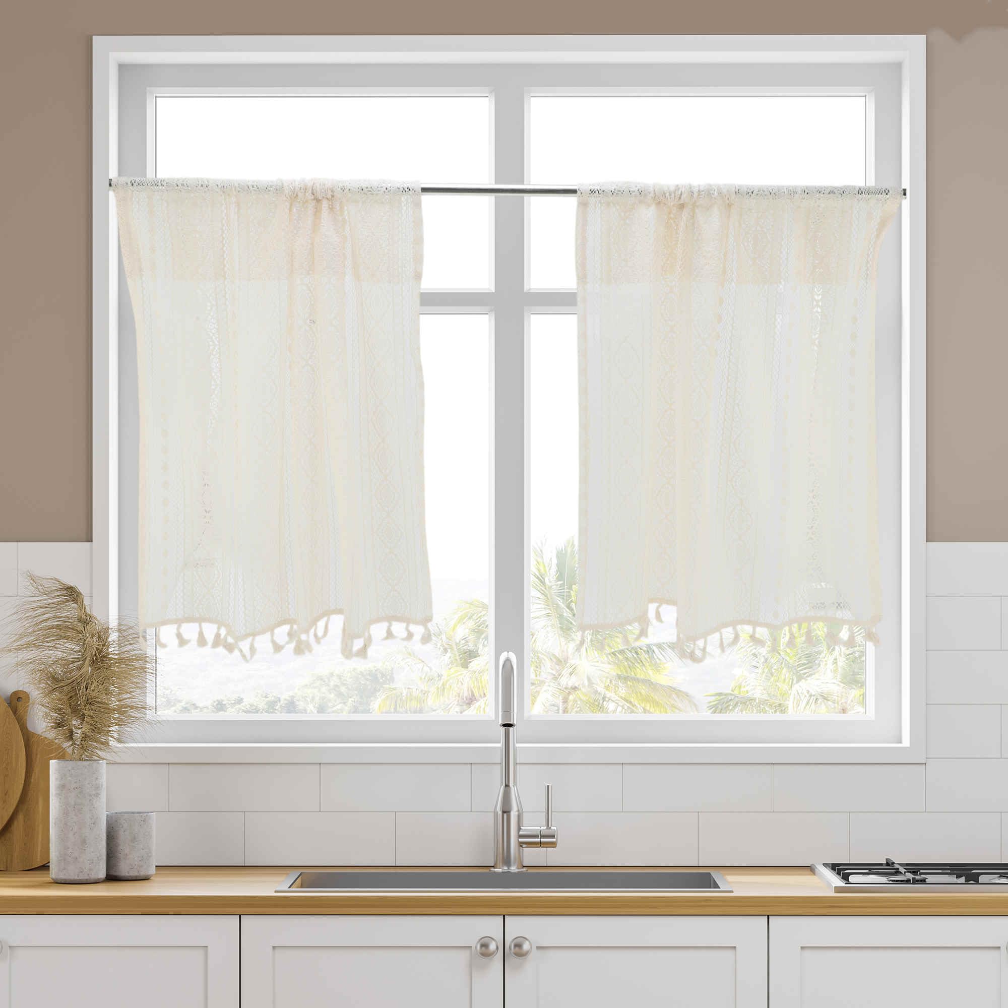 Cortinas de cocina de estilo café con encaje geométrico y borlas decorativas, 2 unidades