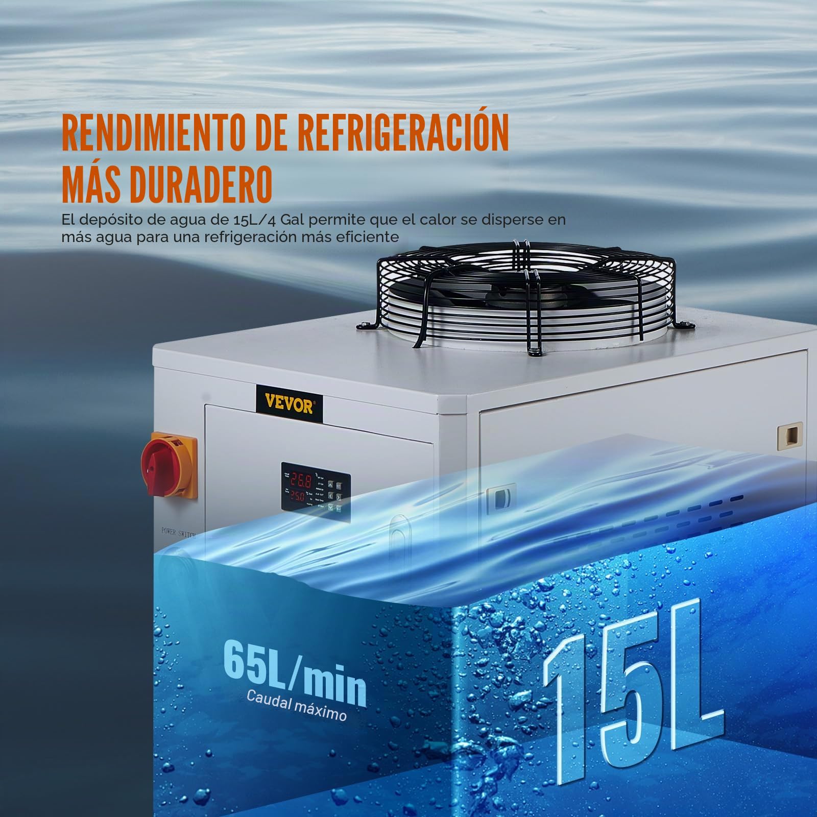 VEVOR Enfriador de Agua Industrial, Sistema de Enfriamiento de Enfriador de Agua Industrial con Compresor Capacidad del Tanque de Agua de 15 L, 65 L/min Tasa de Flujo Máximo, Máquina de Enfriamiento