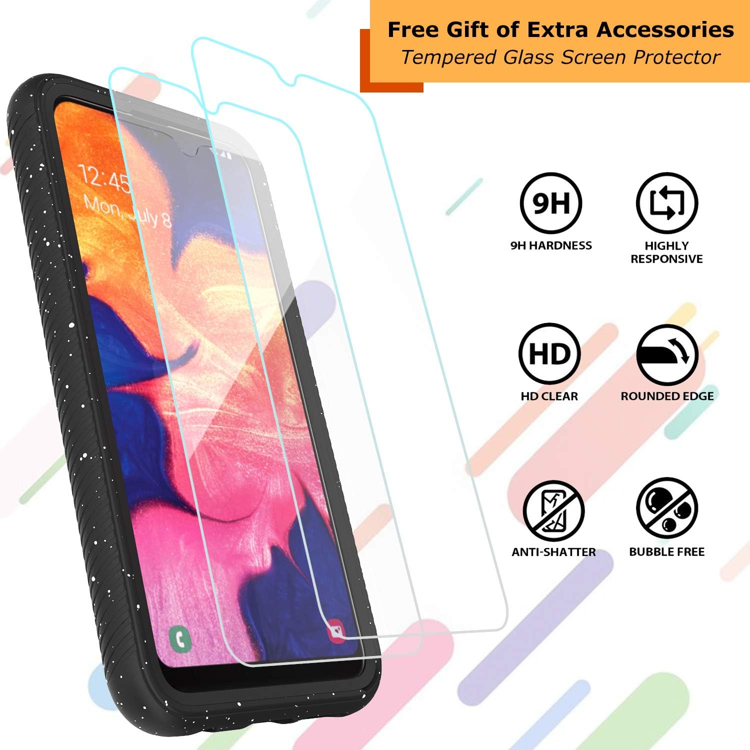 Samsung Galaxy A10e Case , Samsung A10E Case with Tempered Glass Screen Protector [2 Pack],LUCKYCAT Shockproof Clear Multicolor Series Bumper Cover for Samsung Galaxy A10e (2019 Version)-Black