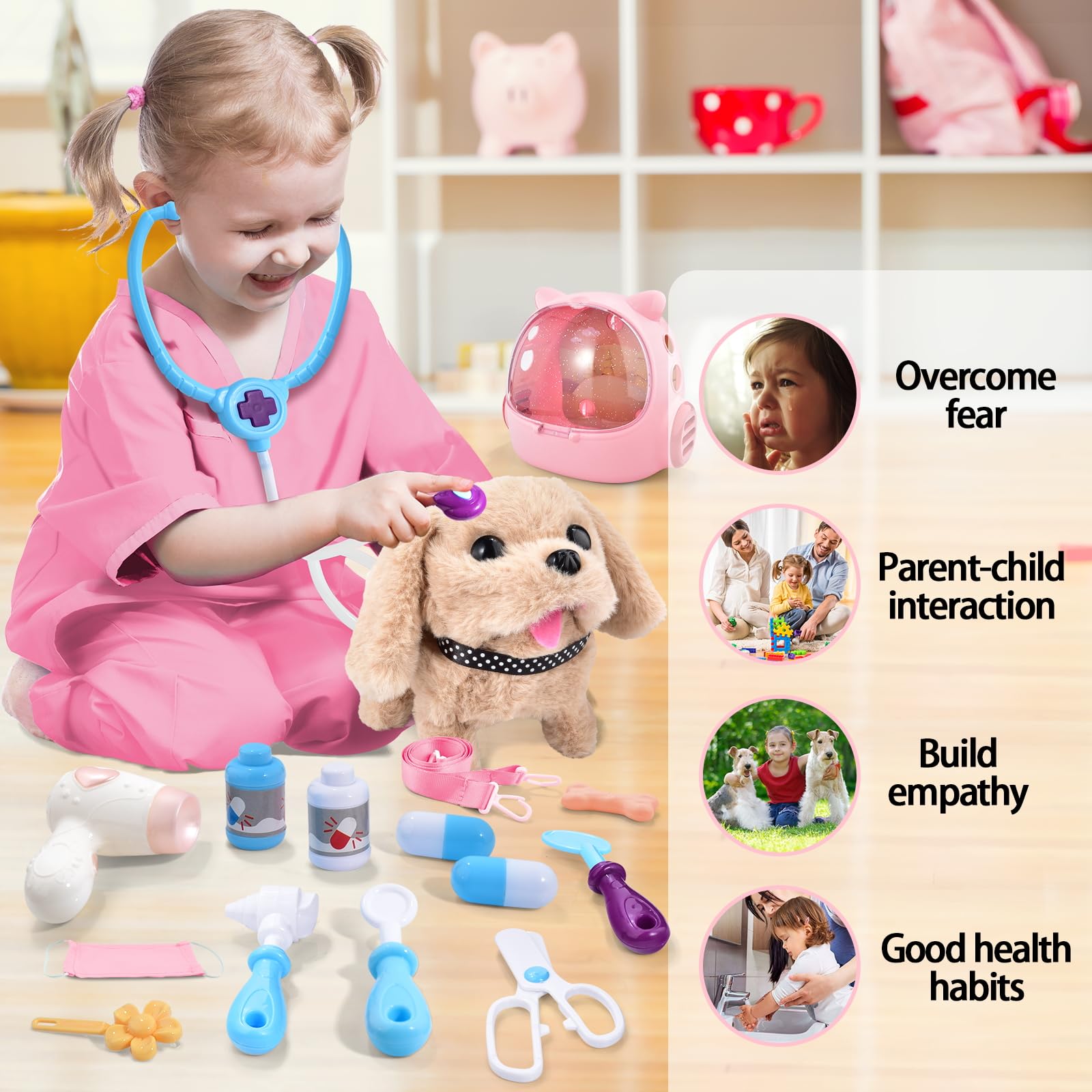 CASRRA Doctor Kit for Toddlers 3-5 Doctors Play Set Toddler Girl Toys 3 4 5 Year Old Girl Birthday Gift Toys Dog Puppy Vet Kit Kids Veterinarian Playset