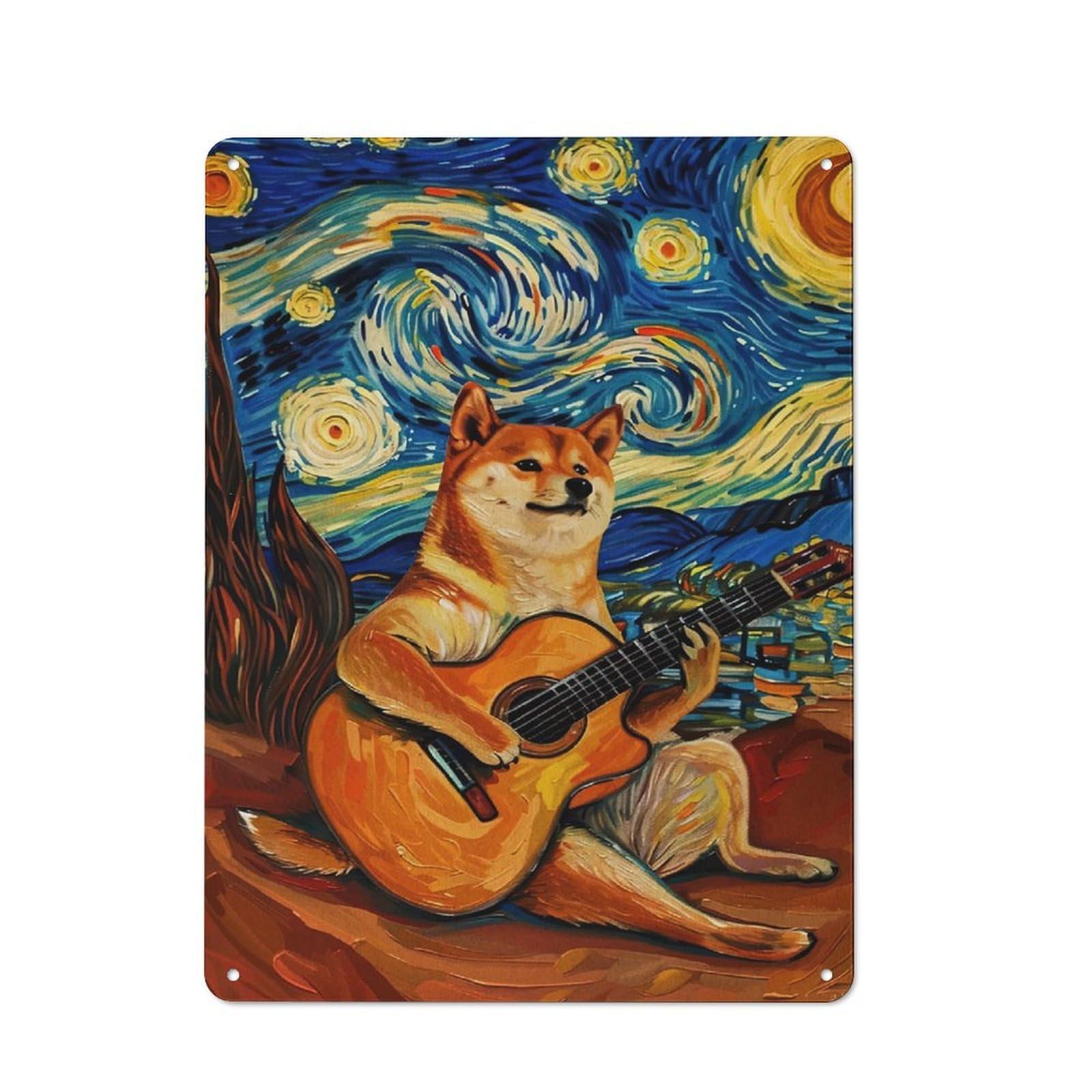 Junmoney Style-14 Doge Guitarist In Starry Night Style Workshop Style Metal Wall Decor 40X30cm, Decorative Metal Plaque For Garage, Hobby Room, Office Or Man Cave