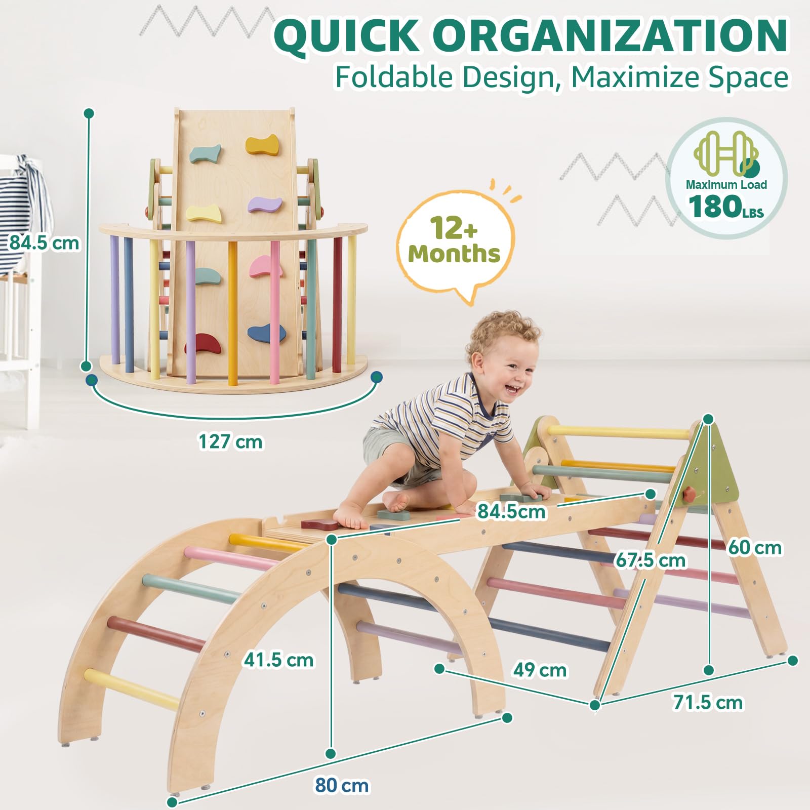 Montessori Klettergerüst Indoor Set, 7-in-1 Holz Kletterspielzeug, Faltbares Pikler-Dreieck-Set mit Rutsche, Leiter & Spielbogen, Indoor Spielgerät für Babys & Kinder 1-3 Jahre - Regenbogen