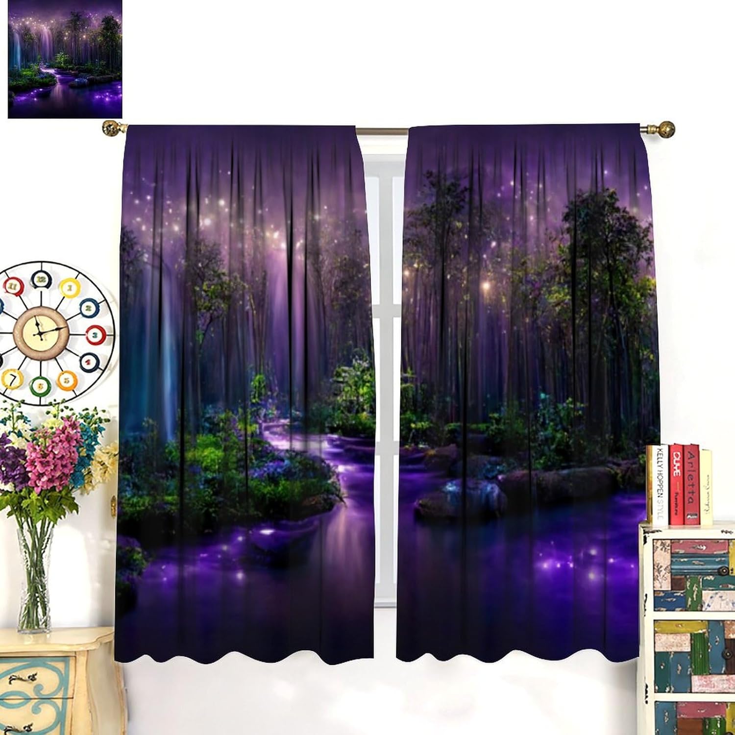 Fantasy Forest Curtains,Purple Magical Nature Landscape Window Treatments for Bedroom Living Room Dreamland Scenery Waterfall Drapes 2 Panels Set,Total Size 63 x 72 Inch