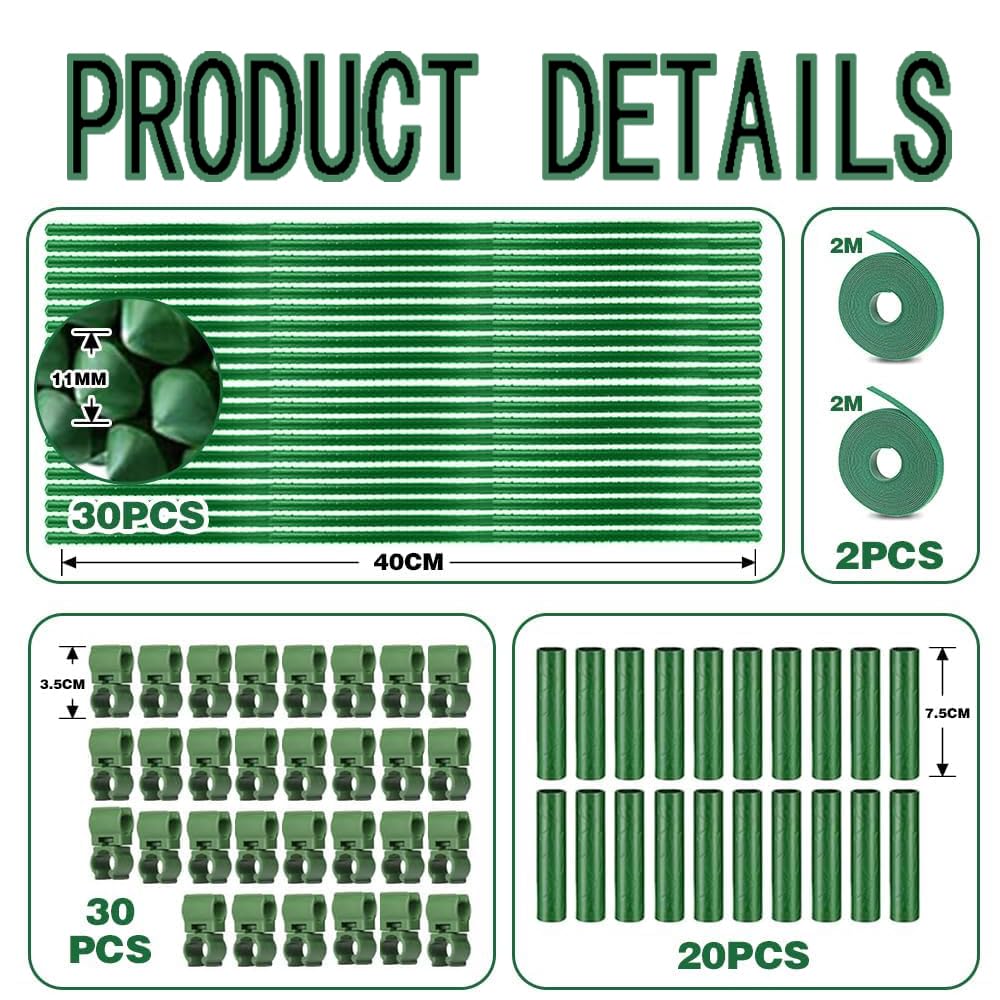Lot de 30 tuteurs pour plantes grimpantes - Tube en acier inoxydable revêtu de plastique - 40 cm de diamètre - 11 mm de diamètre - Avec 20 connecteurs et 30 clips multifonctions - Tuteur pour pois