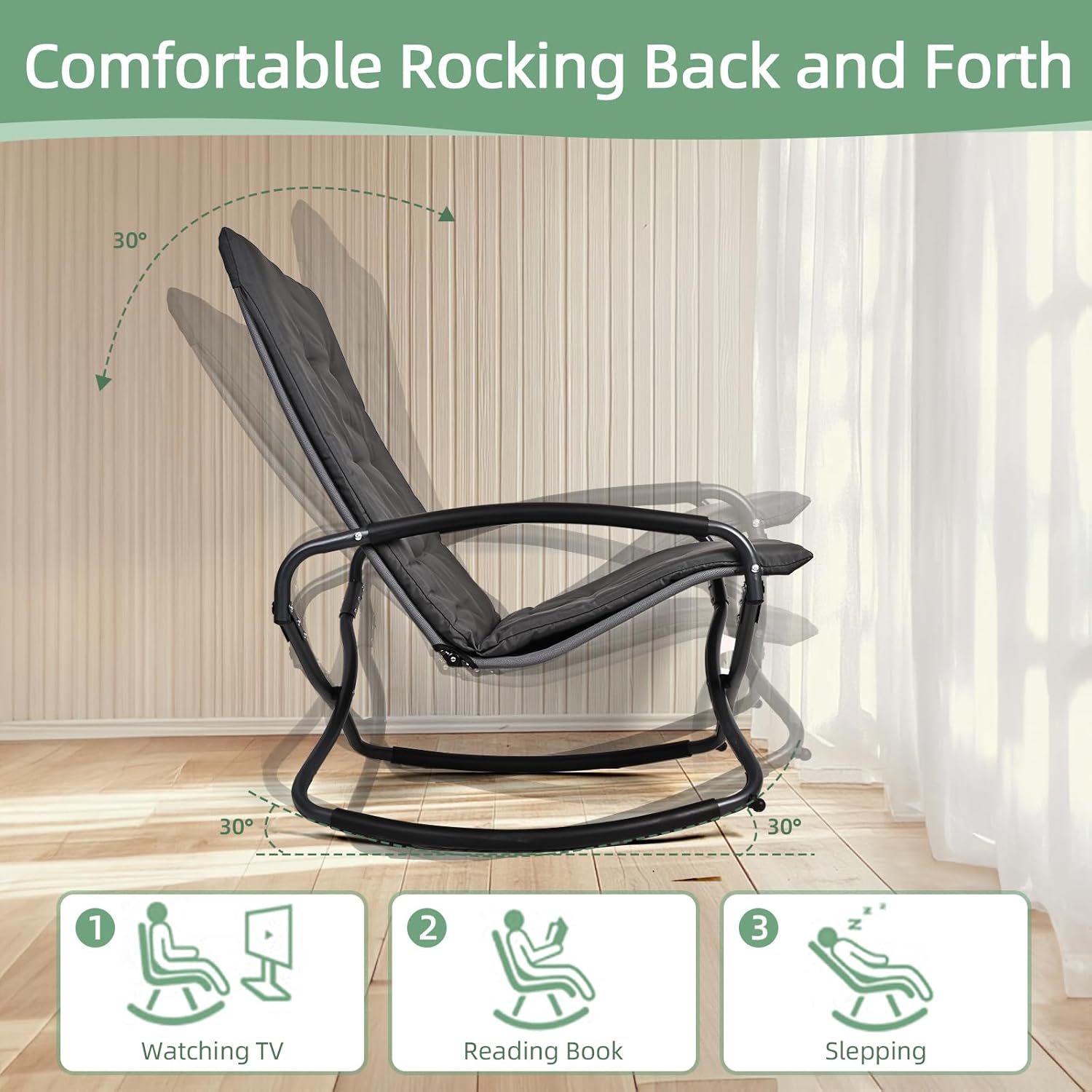 Rocking Folding Chair Recliner Chair with Ottoman Puffy Cushion Suitable for Porch Deck, Garden, Patio Lounge and Stool Set, Gray Textilene Fabric