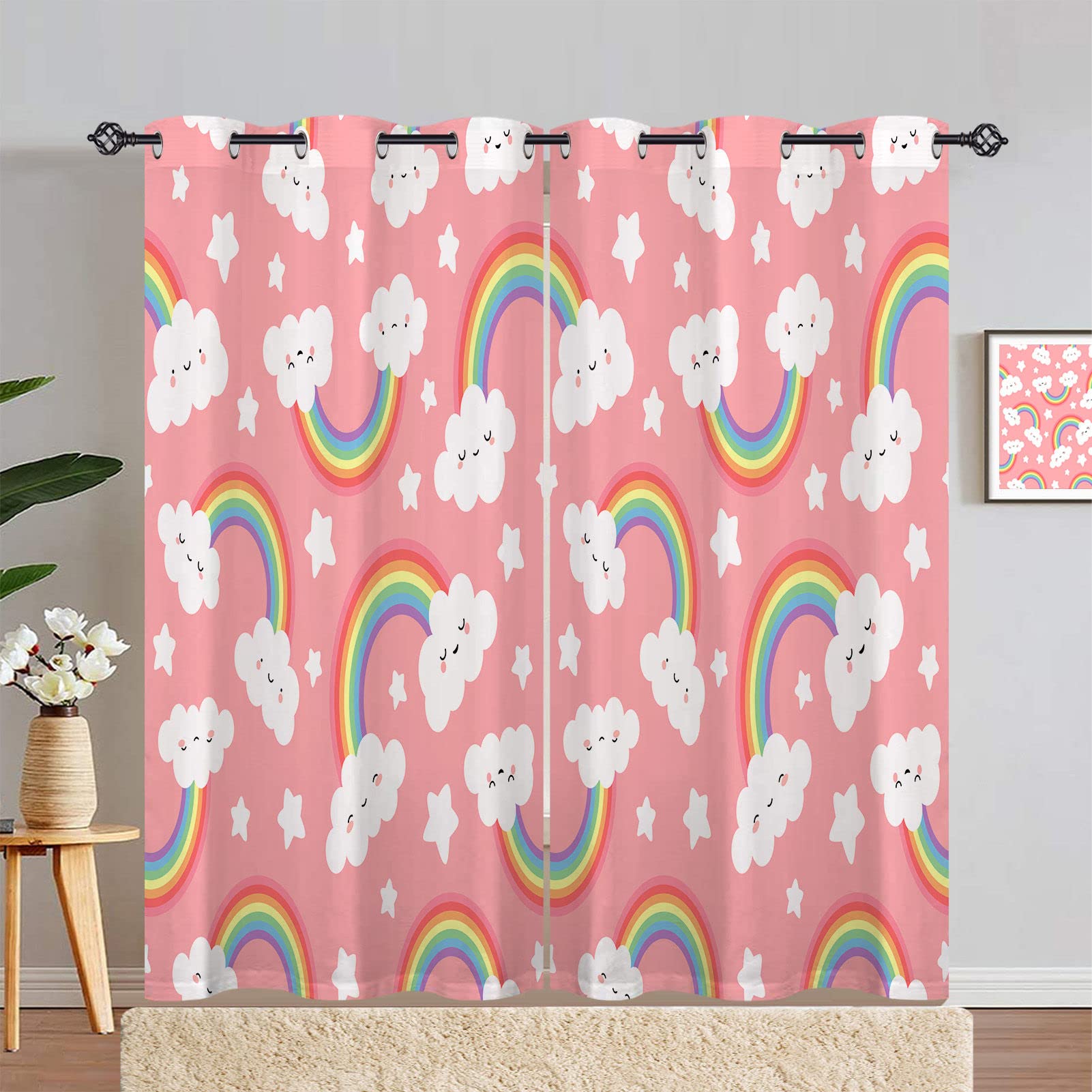 ANHOPE Rainbow Curtains Eyelet 80% Blackout Room Darkening Curtains Rainbow Cloud Pink Background Print Pattern Light Blocking Window Drapes for Girls Bedroom Living Room 46 x 90 Inch Drop 2 Panels