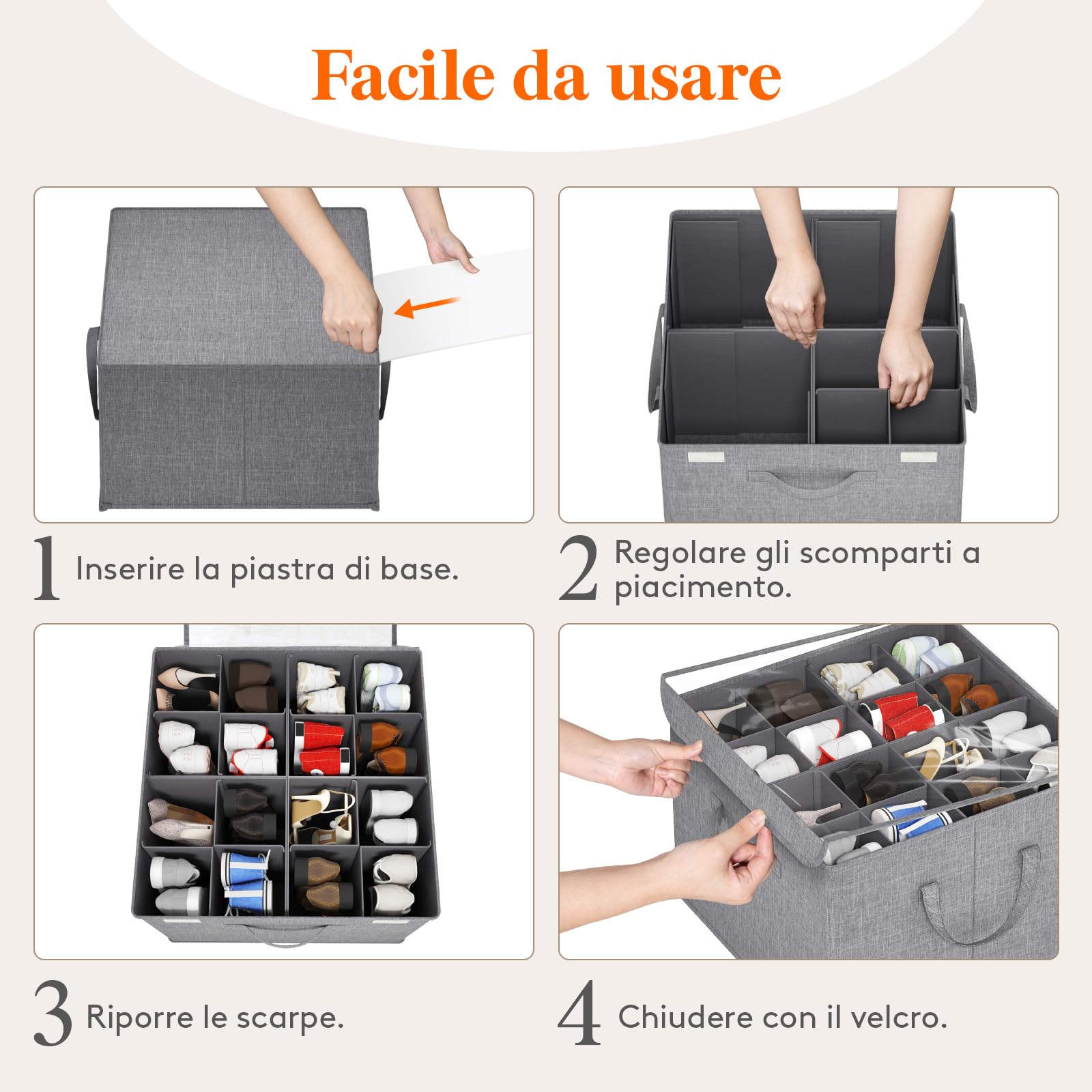 Lifewit Scatola Scarpiera da Armadio, Organizer Scarpe Pieghevole, Divisori Regolabili con Coperchio Trasparente, Porta Scarpe con Supporto Inferiore e Manici Rinforzati, Grigio, 4-16 Paia
