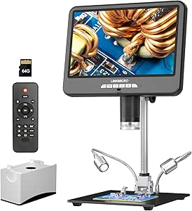 LINKMICRO LM210S 10.1'' 4K 60FPS Digital Microscope HDMI for Electronics Repair, 4K Microscope for Soldering with Microphone, HDMI 2.0 Output, 4K 60FPS UHD Video, 64MP Coin Microscope for Adults, 64GB