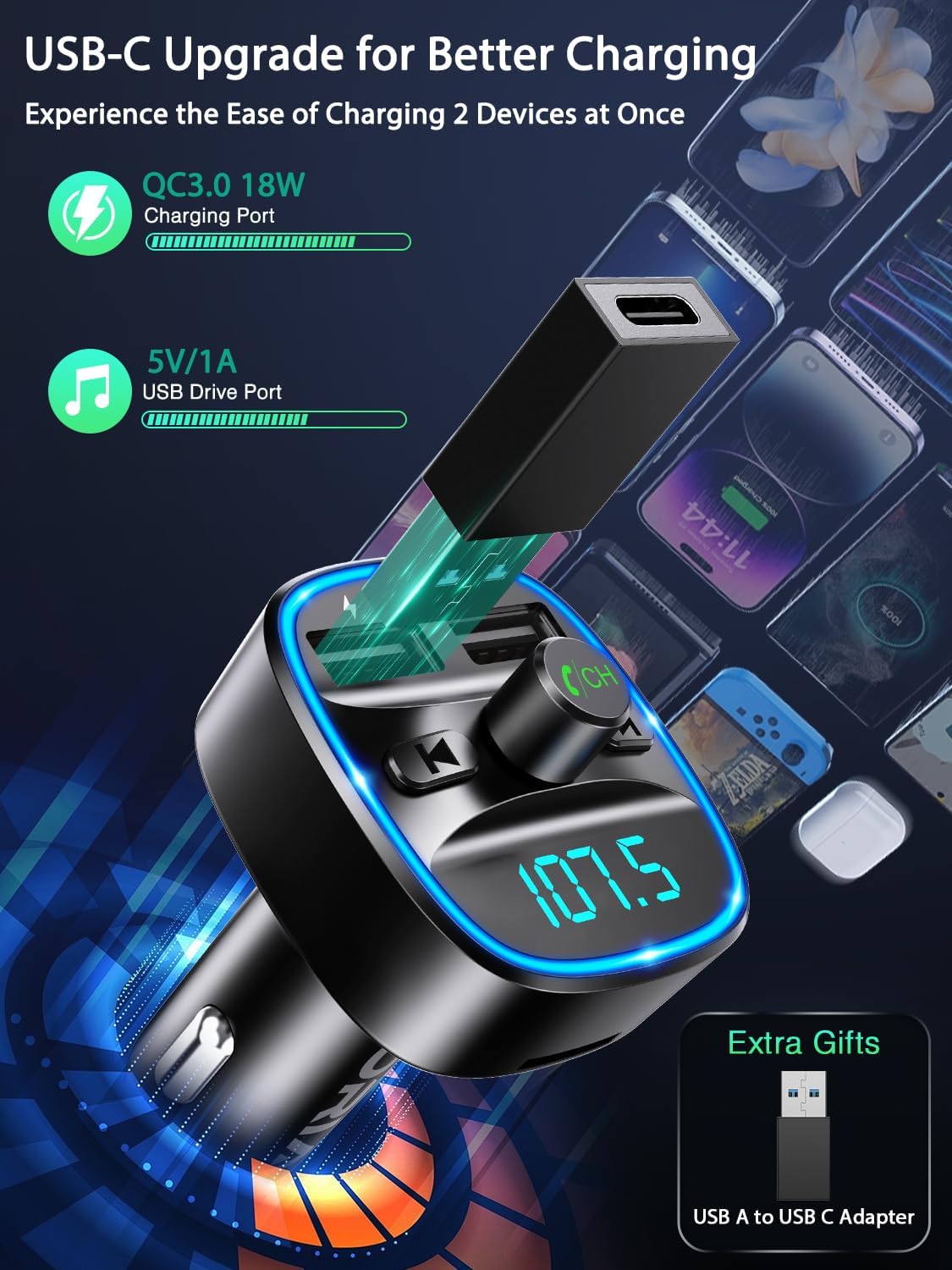 ORIA Trasmettitore FM Bluetooth 5.3, Trasmettitore Bluetooth per Auto, Adattatore QC3.0 USB Caricabatteria Auto con Chiamata Vivavoce e 2 USB Port, Supporta Carta TF e Disco U