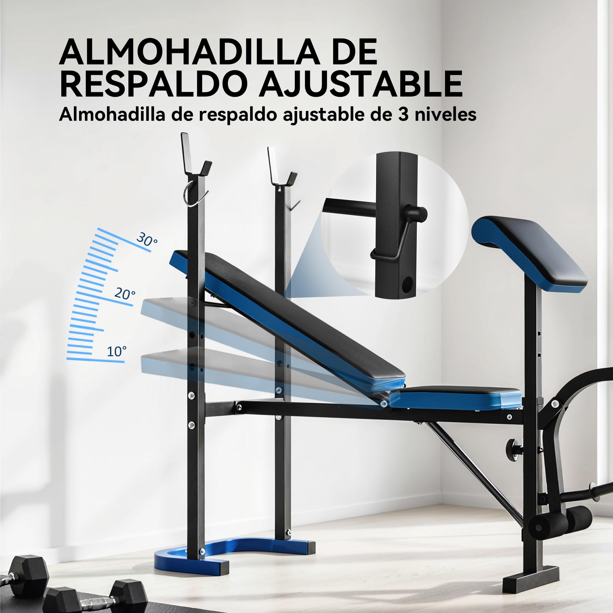 HOMCOM Banco de Musculación Multifuncional Banco de Pesas Negro y Azul | Soporte para Barra, Respaldo Ajustable, Entrenamiento Completos de Cuerpo, Casa Gimnasio