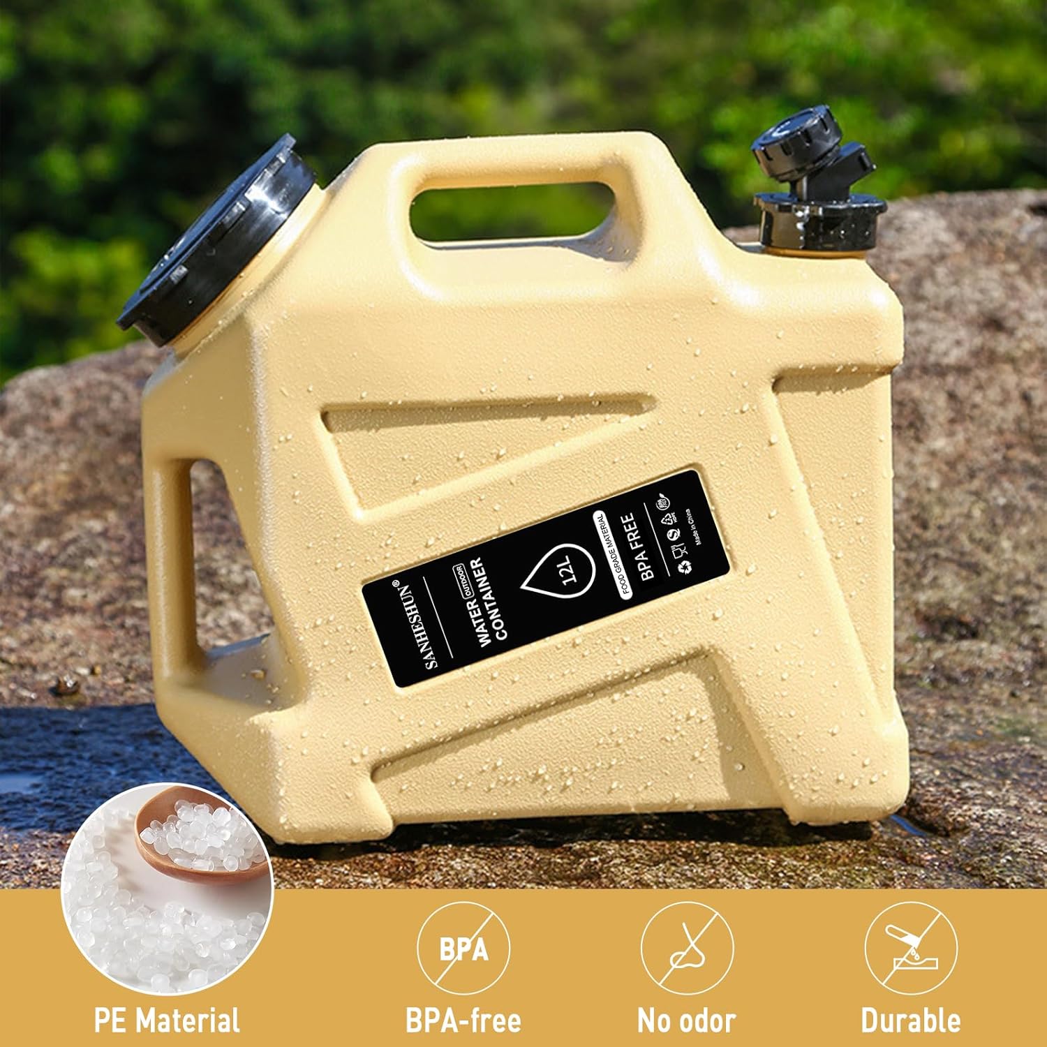 3.2 Gallon Water Jug,12L Portable Water Container with Spigot, Cleaning Brush, Detachable Hose & Extra Lid, Dual Handles Design, BPA-Free Camping Hydration Canteen, Outdoor Tank Storage PE - Khaki