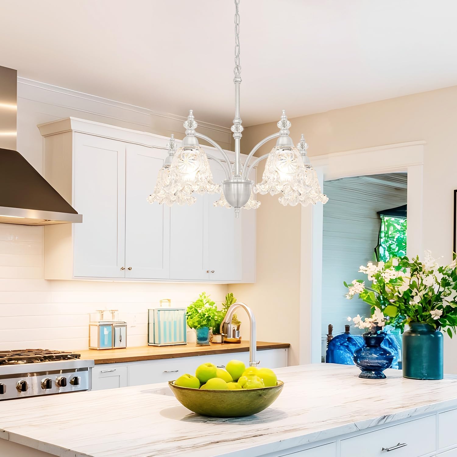 Vintage 5 Light Chandelier, Brushed Nickel Dining Room Light Fixtures Over Table, Farmhouse Glass Chandelier Ceiling Light Fixture for Kitchen, Dinning, Foyer, Bathroom, Living Room