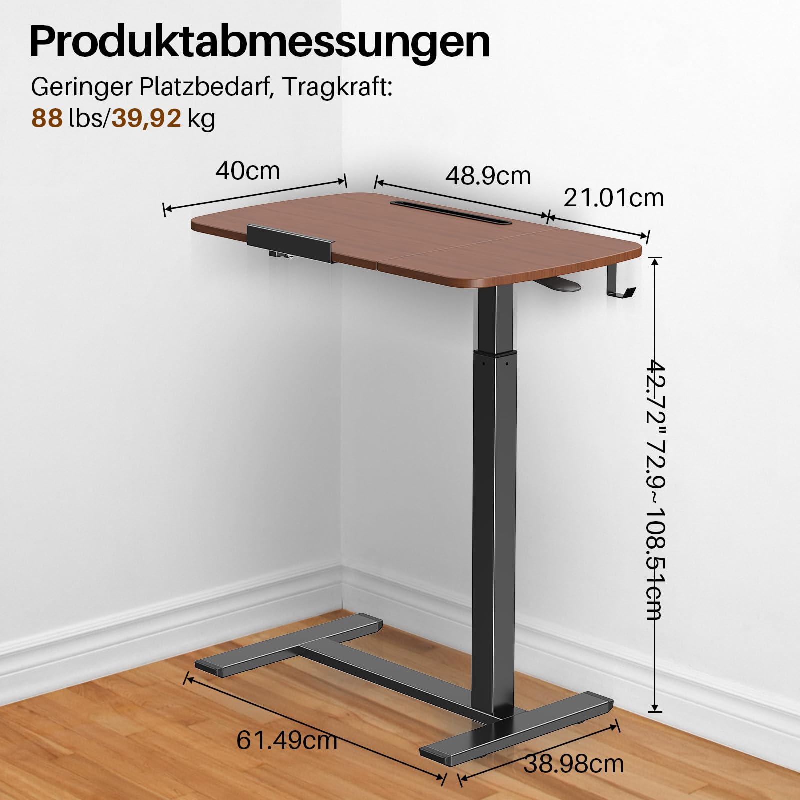 Klappbarer Computertisch mit Rollen, höhenverstellbar, bis 39.9 kg, Braun