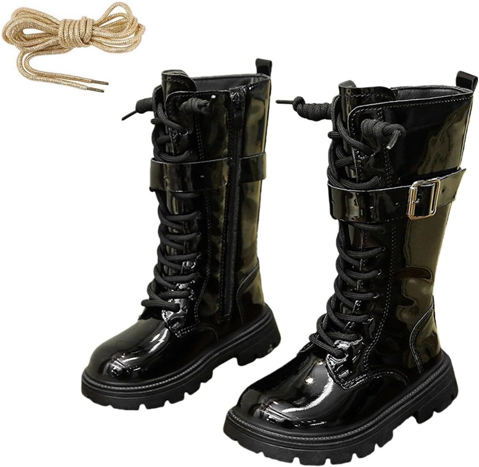Girls Combat Boots Age 4-12 Years Knee-High Lace-Up Riding Boots Kids Round Toe PU Leather with Side Zipper Punk Goth Lug Sole Cowgirl Boot Outdoor Non-Slip Cowboy Boot Black
